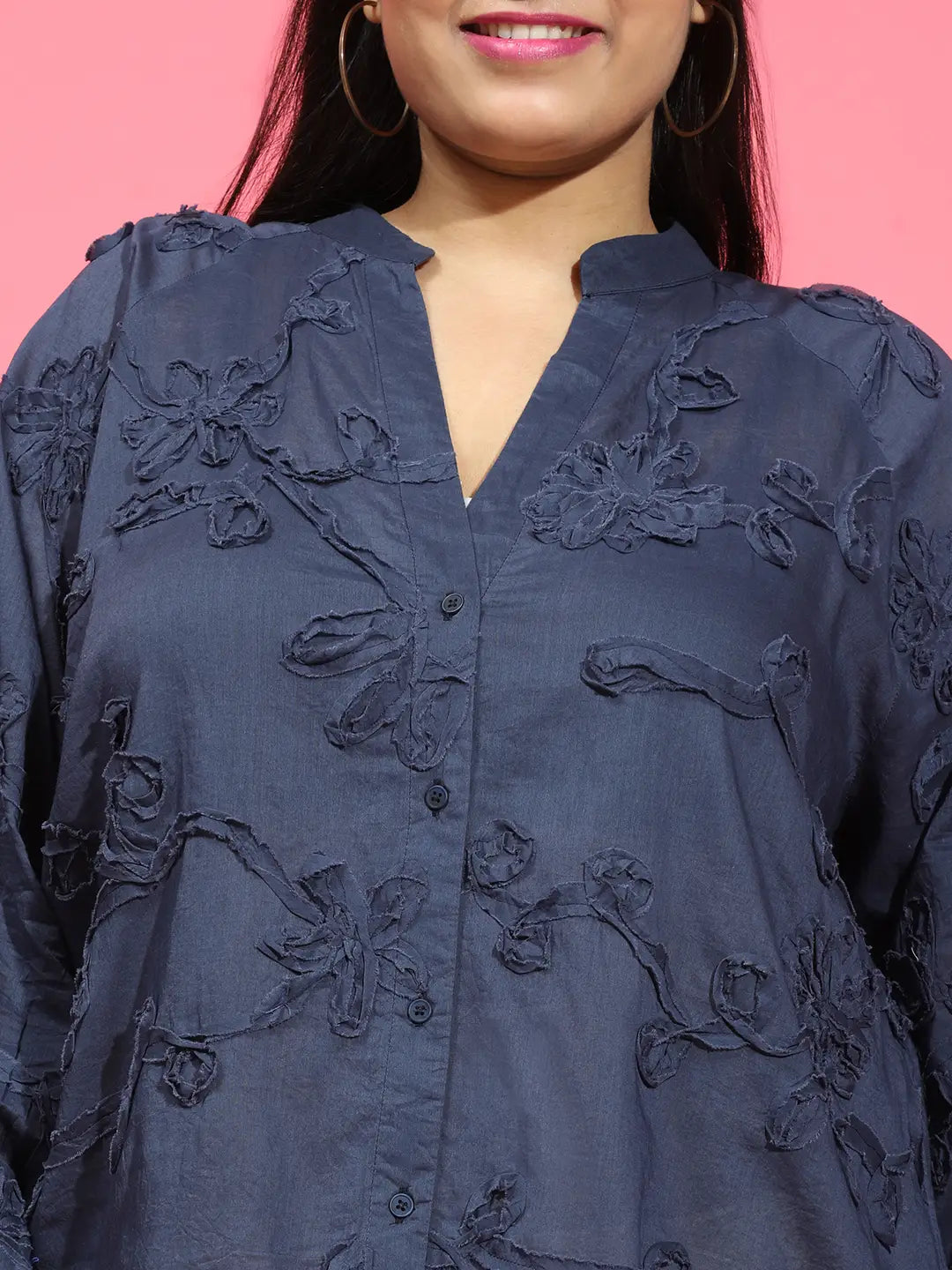 Navy Blue Embroidered Long Sleeve  Plus Size Shirt