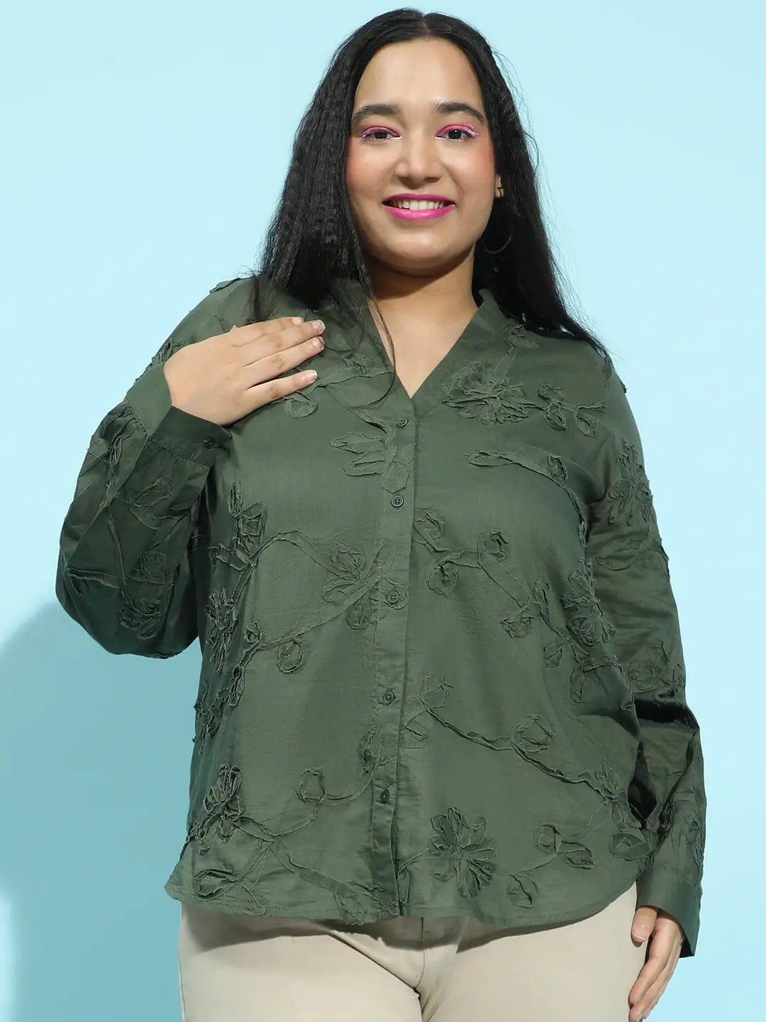 Dark Green Embroidered Long Sleeve Plus Size Shirt