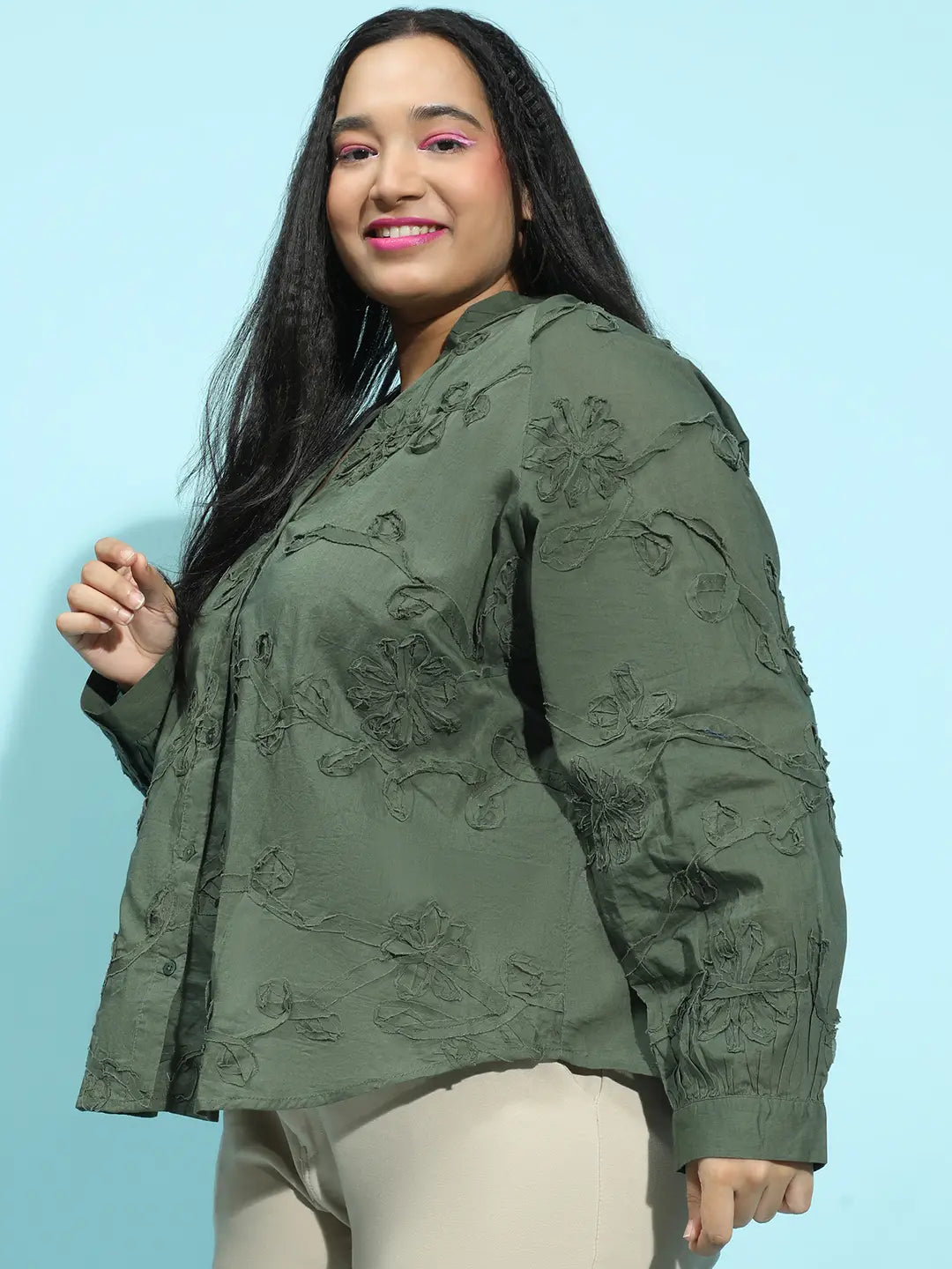 Dark Green Embroidered Long Sleeve Plus Size Shirt