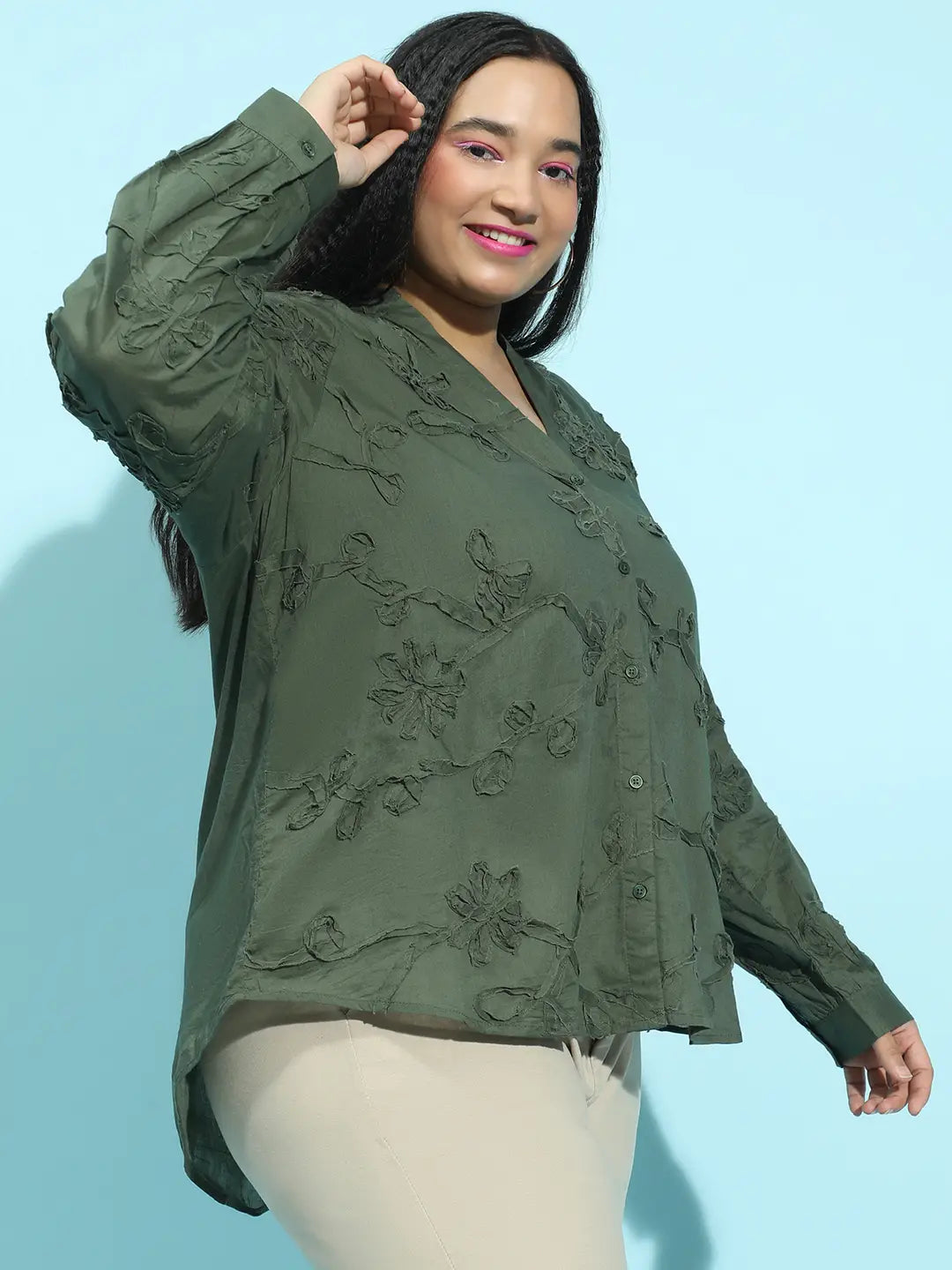 Dark Green Embroidered Long Sleeve Plus Size Shirt