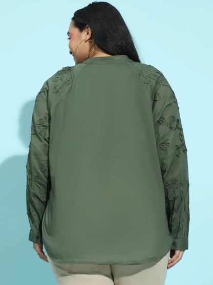 Dark Green Embroidered Long Sleeve Plus Size Shirt