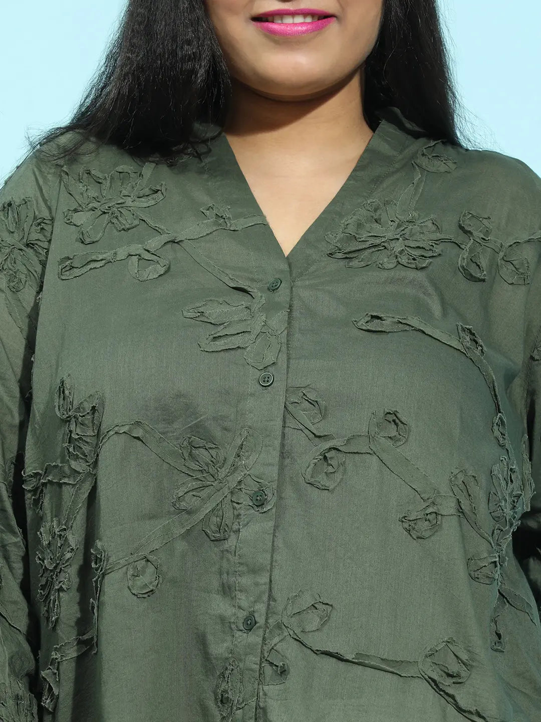 Dark Green Embroidered Long Sleeve Plus Size Shirt