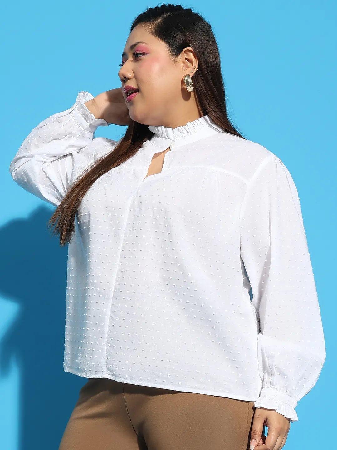 White Round Neck With Button & Keyhole Dobby Meld Plus Size  Cotton Loopy Top