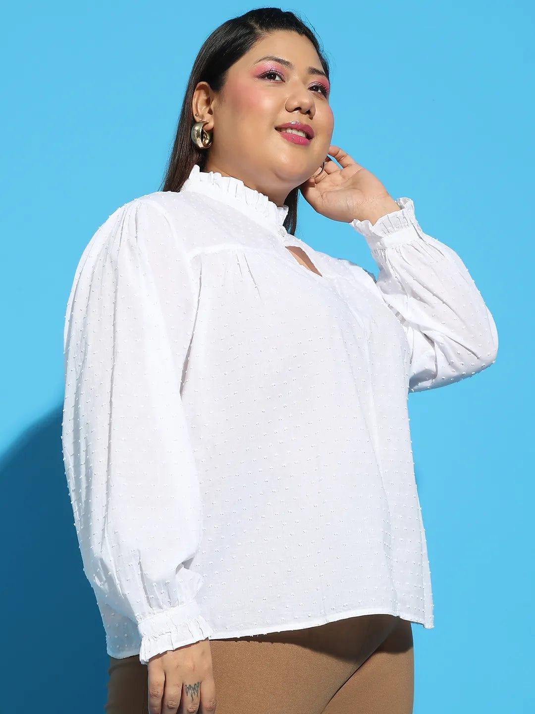 White Round Neck With Button & Keyhole Dobby Meld Plus Size  Cotton Loopy Top