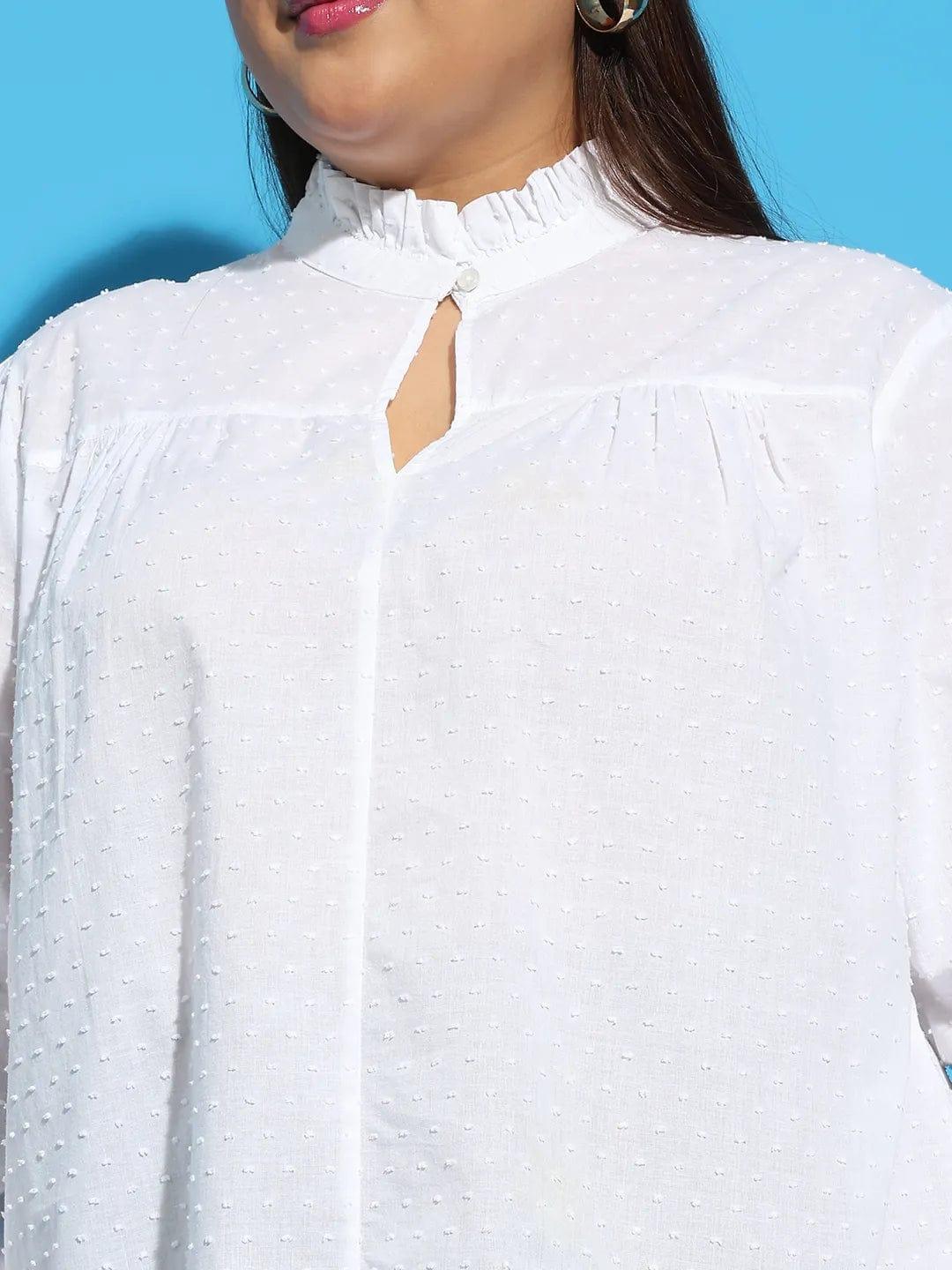 White Round Neck With Button & Keyhole Dobby Meld Plus Size  Cotton Loopy Top