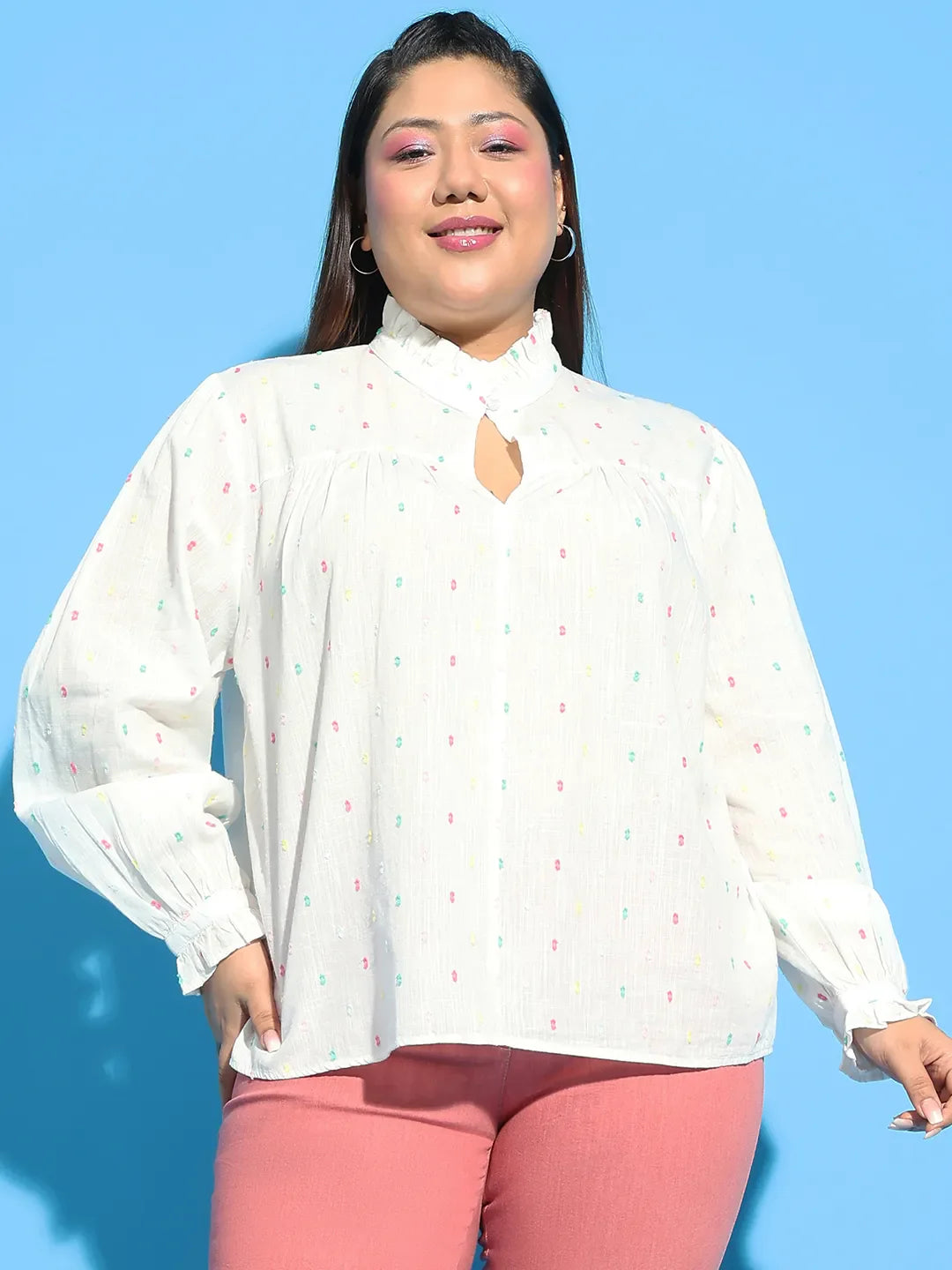 White Round Neck With Button &amp; Keyhole Dobby Meld Plus Size  Cotton Top