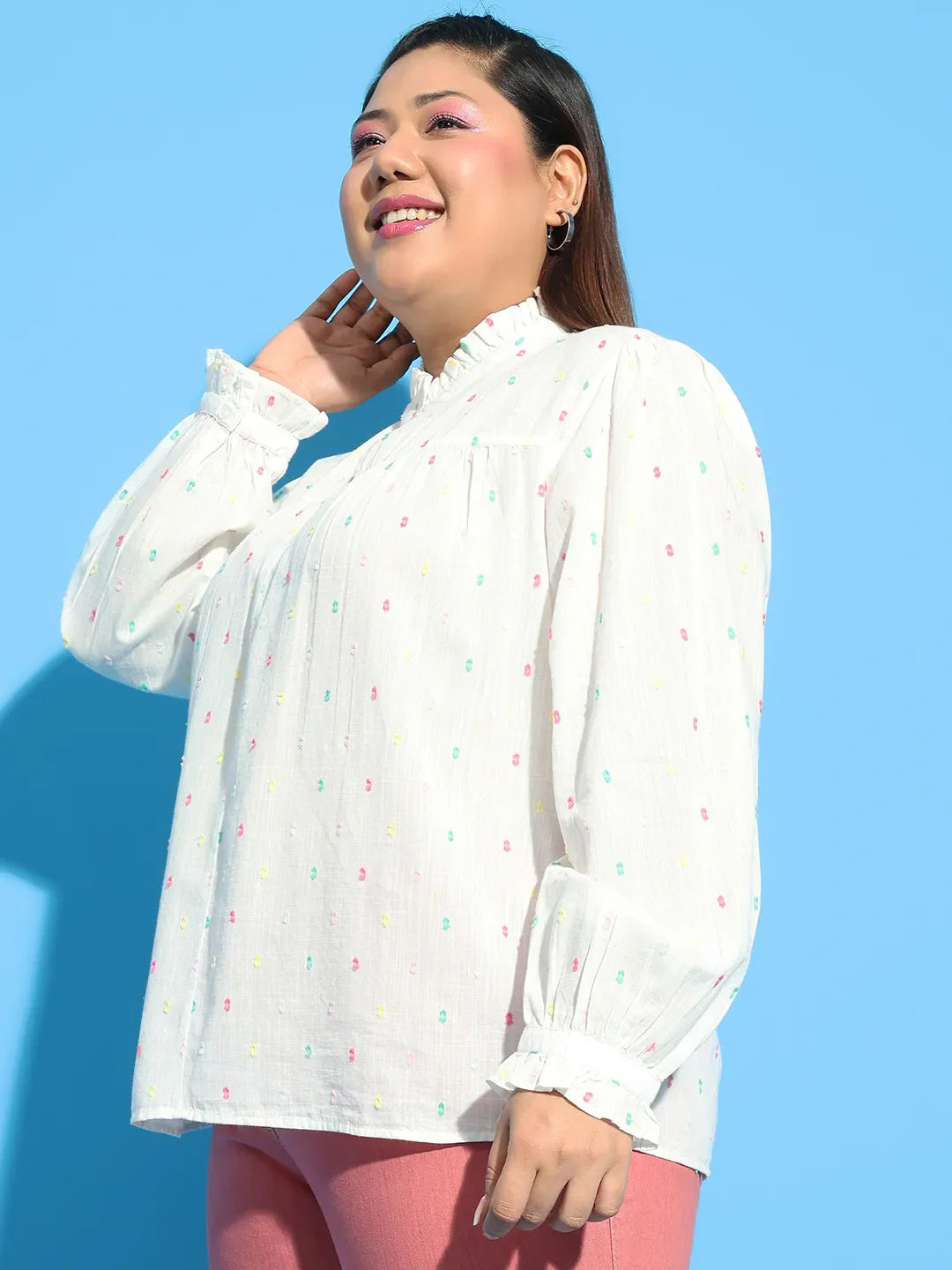 White Round Neck With Button &amp; Keyhole Dobby Meld Plus Size  Cotton Top