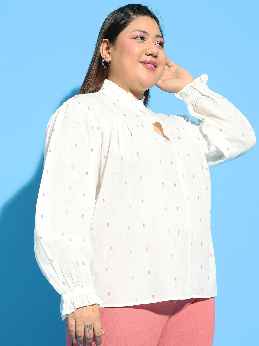 White Round Neck With Button &amp; Keyhole Dobby Meld Plus Size  Cotton Top