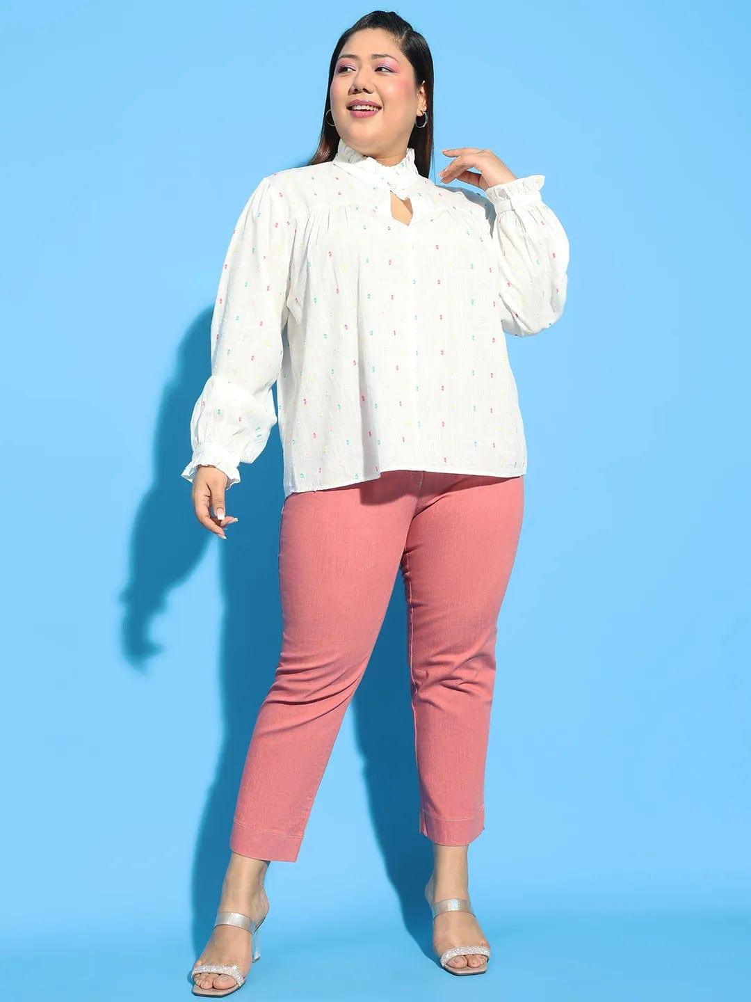 Women Plus Size White Round Neck With Button & Keyhole Long Sleeve Dobby Meld Cotton Top