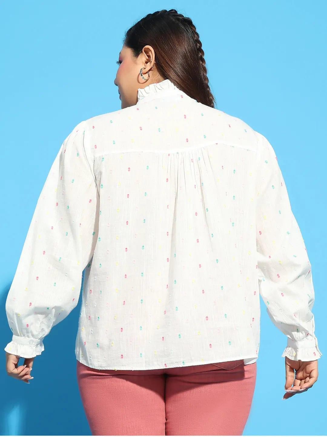 Women Plus Size White Round Neck With Button & Keyhole Long Sleeve Dobby Meld Cotton Top