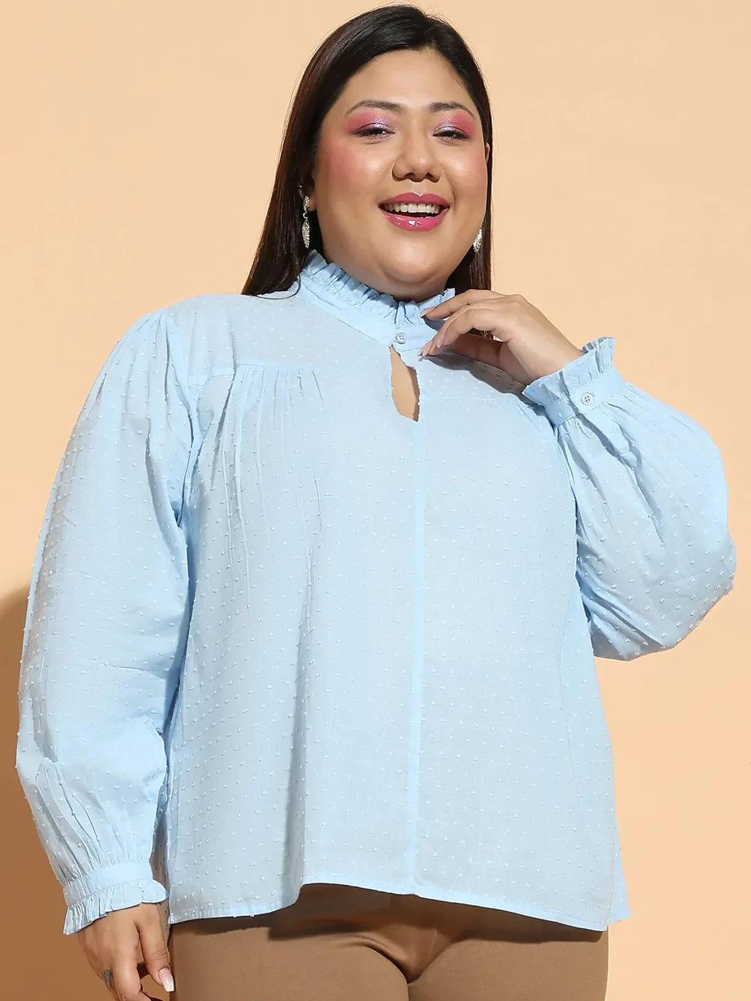 Blue Round Neck With Button & Keyhole Dobby Meld Plus Size Cotton Loopy Top