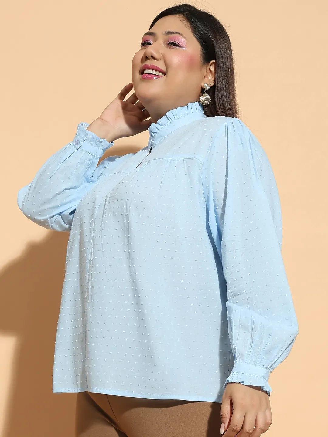 Blue Round Neck With Button & Keyhole Dobby Meld Plus Size Cotton Loopy Top