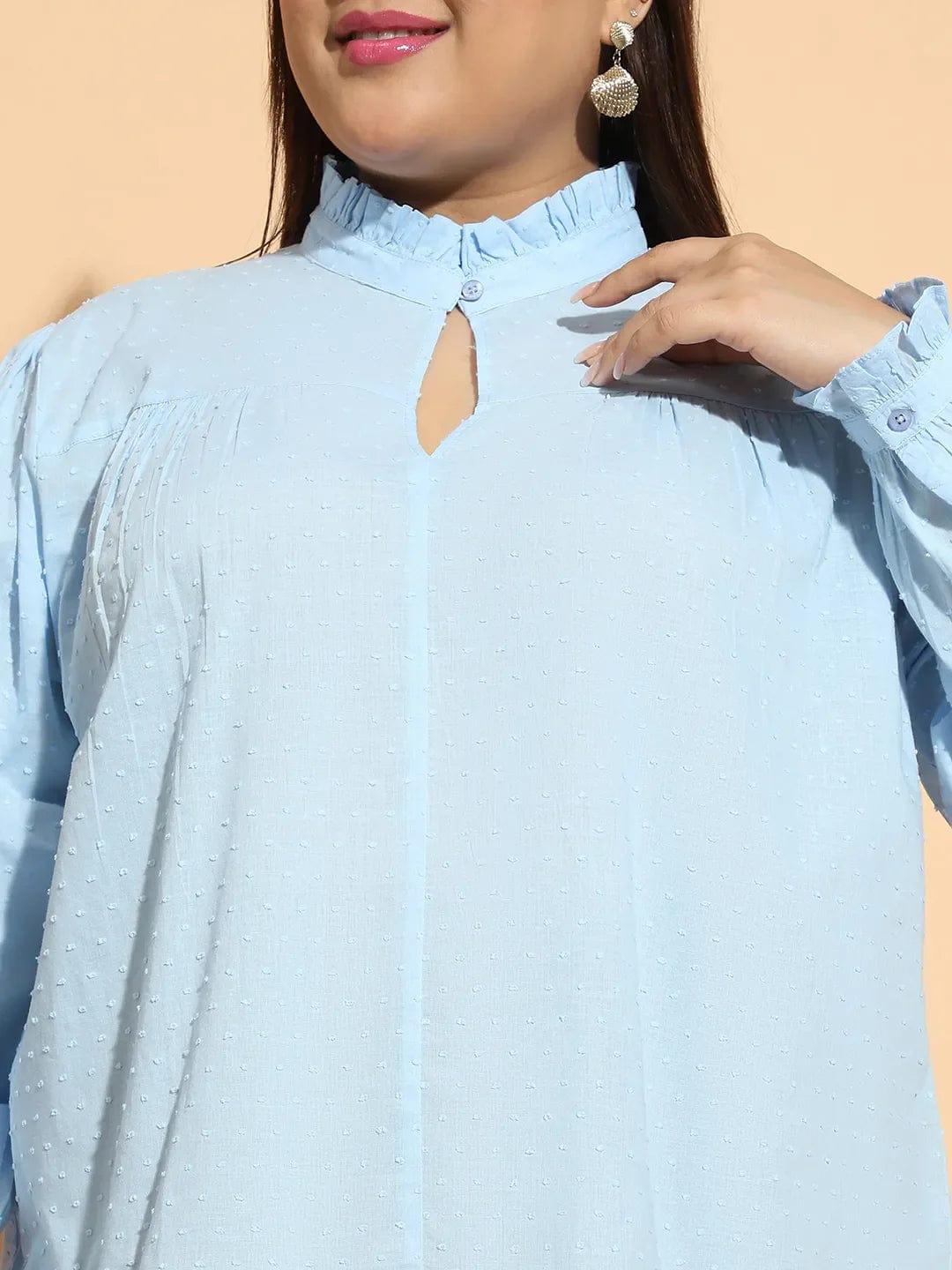 Blue Round Neck With Button & Keyhole Dobby Meld Plus Size Cotton Loopy Top