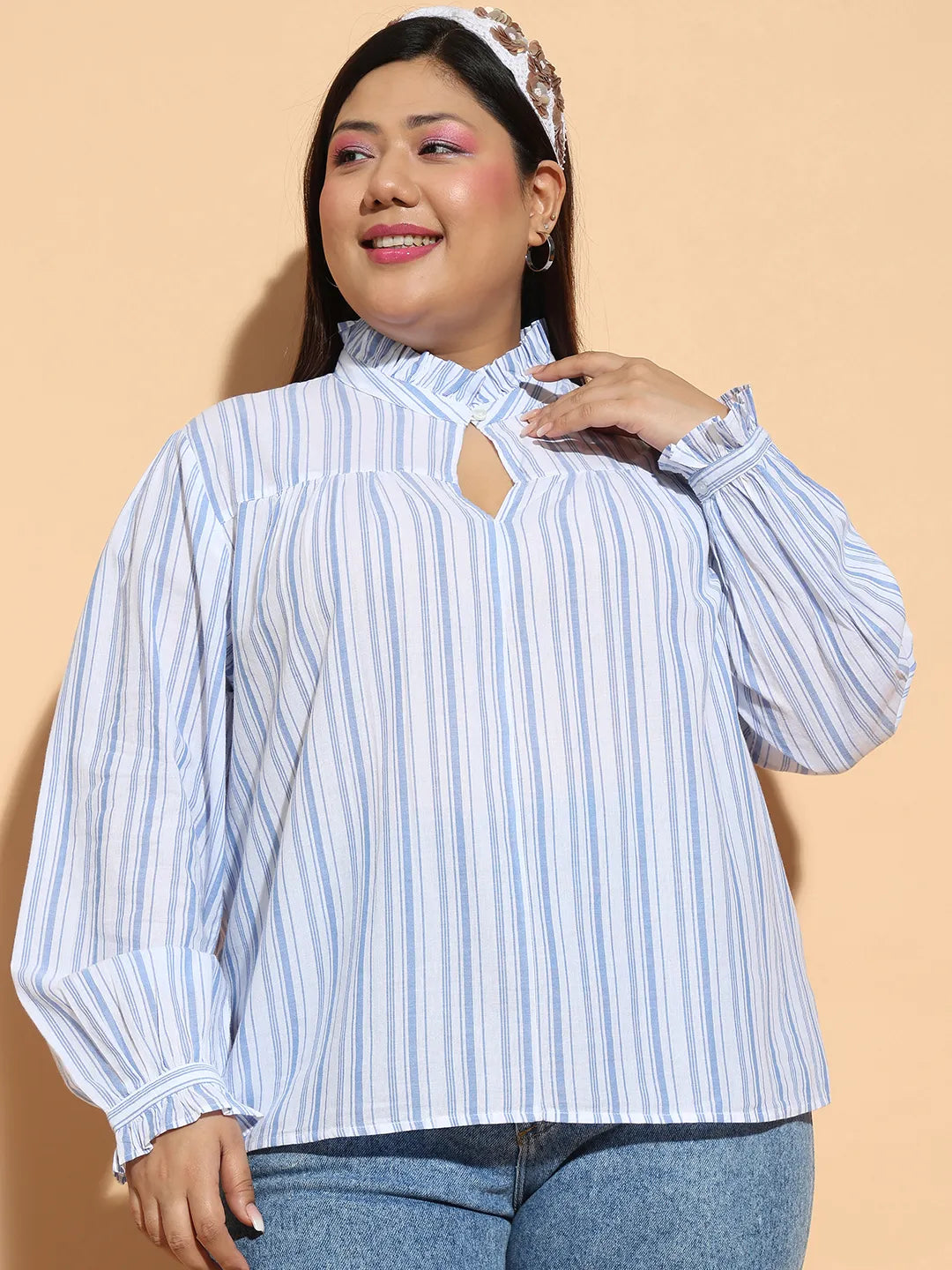 Blue Stripe Print Round Neck With Button &amp; Keyhole Dobby Meld Plus Size  Cotton Top