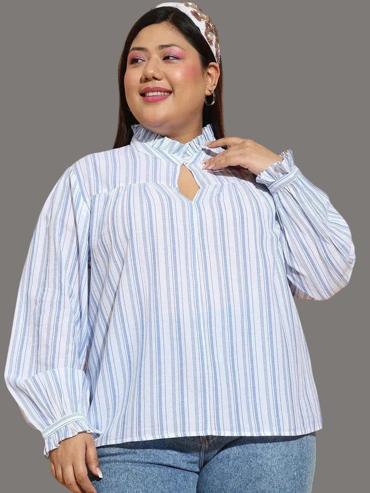 Plus Size Cotton Top - Blue Stripe Print With Button & Keyhole Neck, Relaxed Fit