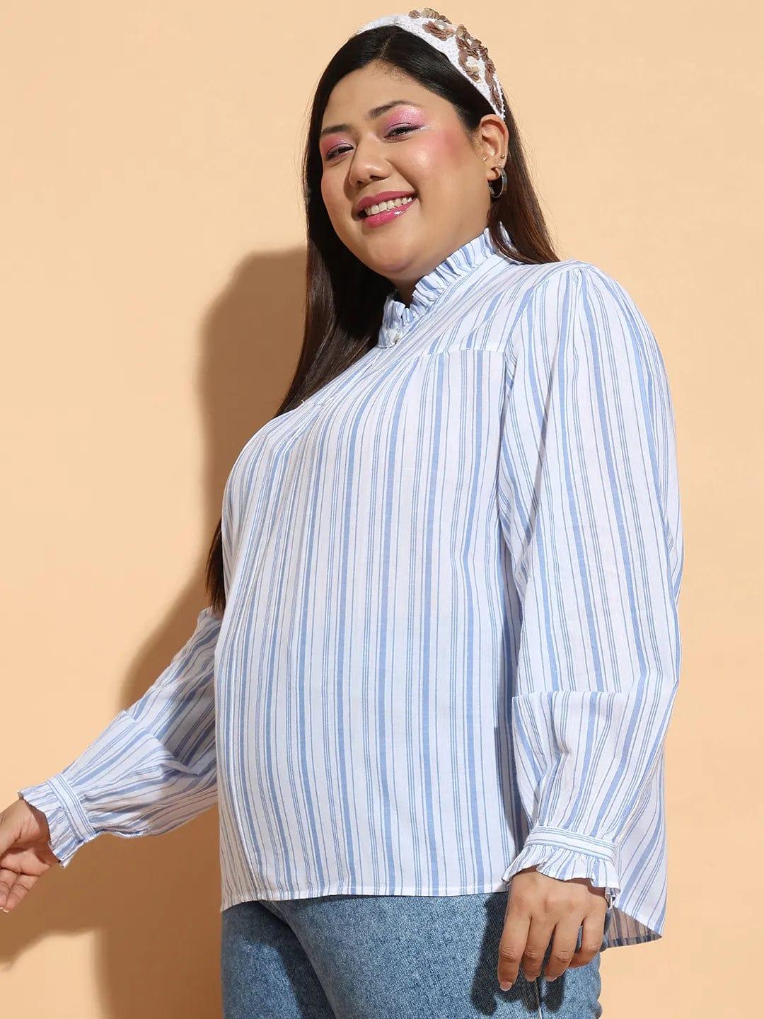 Blue Stripe Print Round Neck With Button & Keyhole Dobby Meld Plus Size Cotton Loopy Top