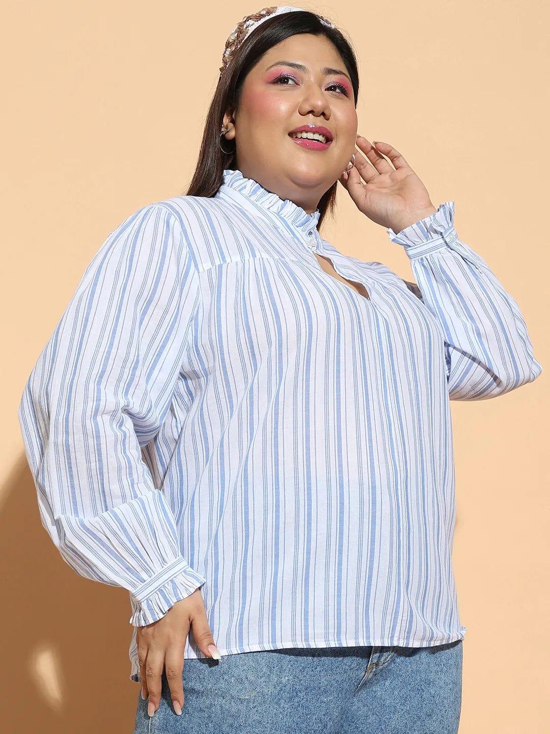 Blue Stripe Print Round Neck With Button & Keyhole Dobby Meld Plus Size Cotton Loopy Top