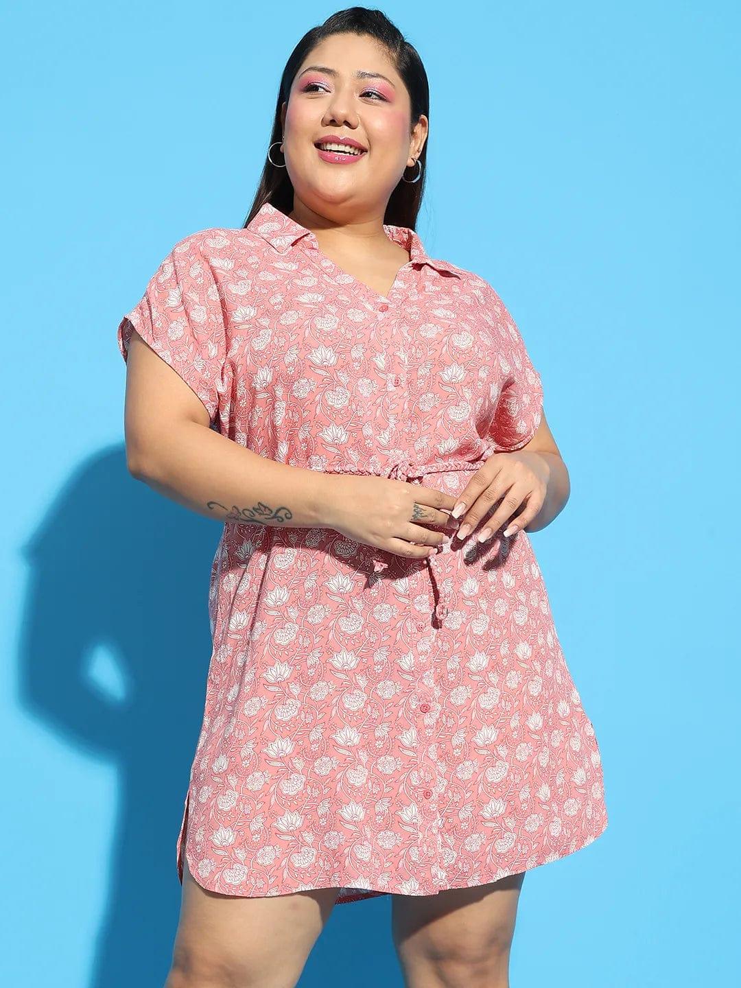 Classup Coral Floral Print Collared Belted Button Down Plus Size Curvy Dress