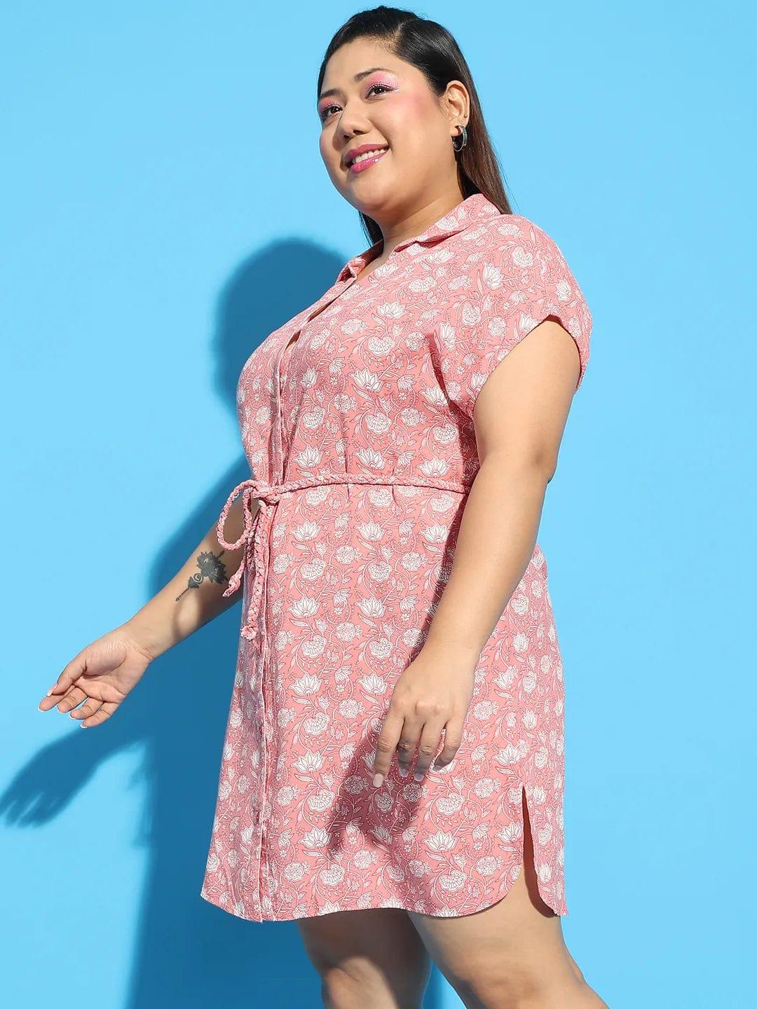 Classup Coral Floral Print Collared Belted Button Down Plus Size Curvy Dress