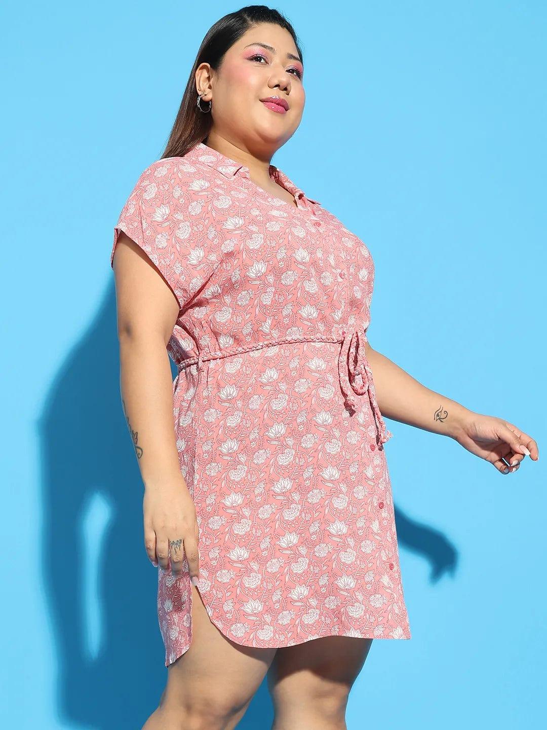 Classup Coral Floral Print Collared Belted Button Down Plus Size Curvy Dress