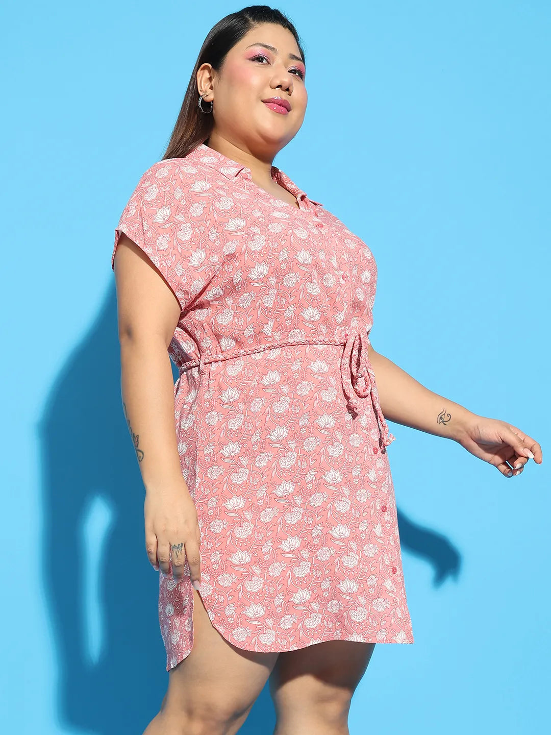 Classup Coral Floral Print Collared Belted Button Down Plus Size Dress