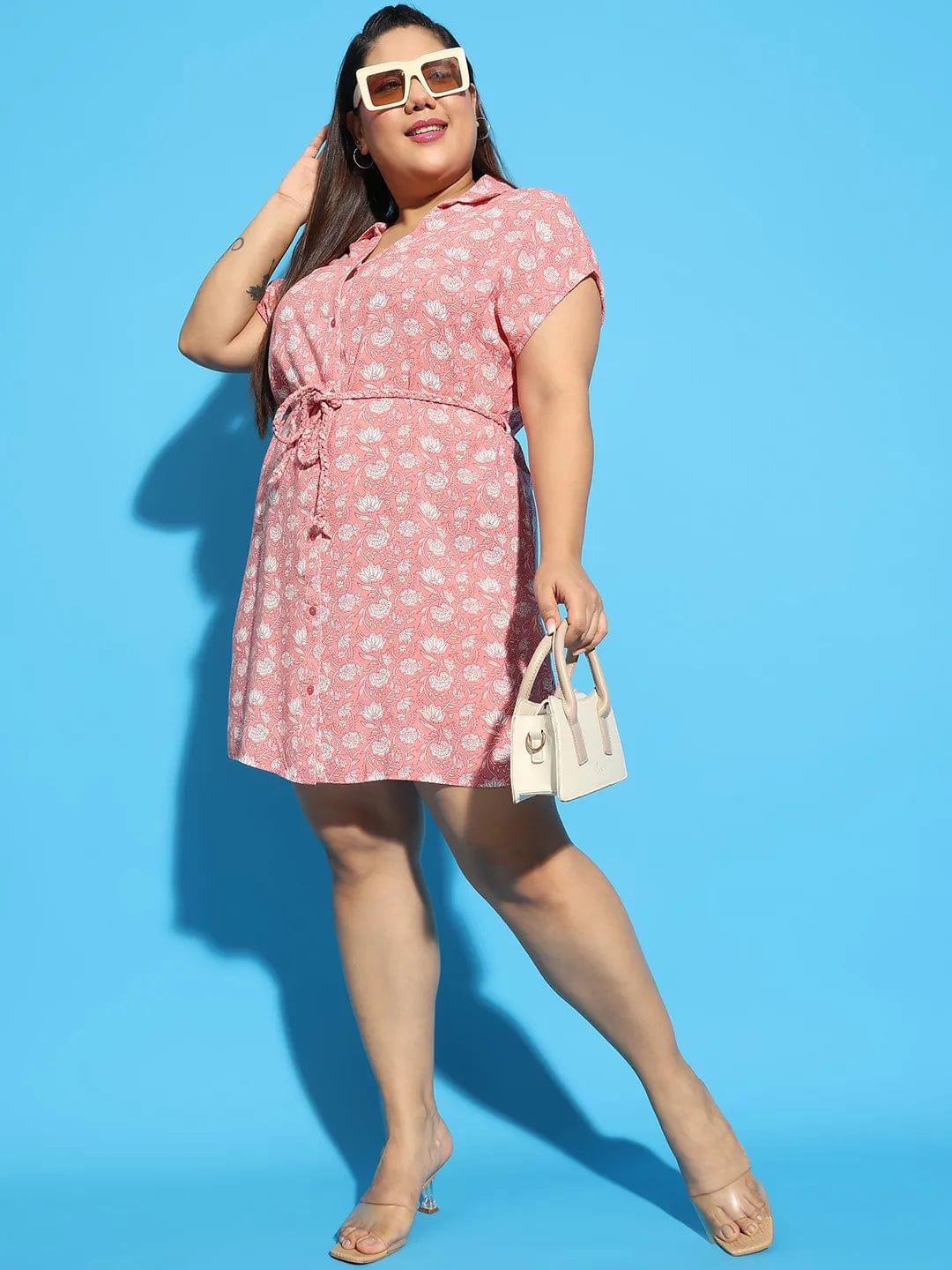 Classup Coral Floral Print Collared Belted Button Down Plus Size Curvy Dress