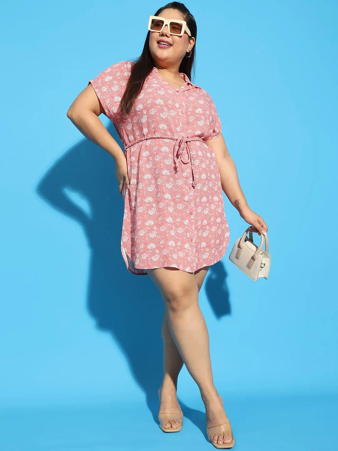 Classup Coral Floral Print Collared Belted Button Down Plus Size Curvy Dress