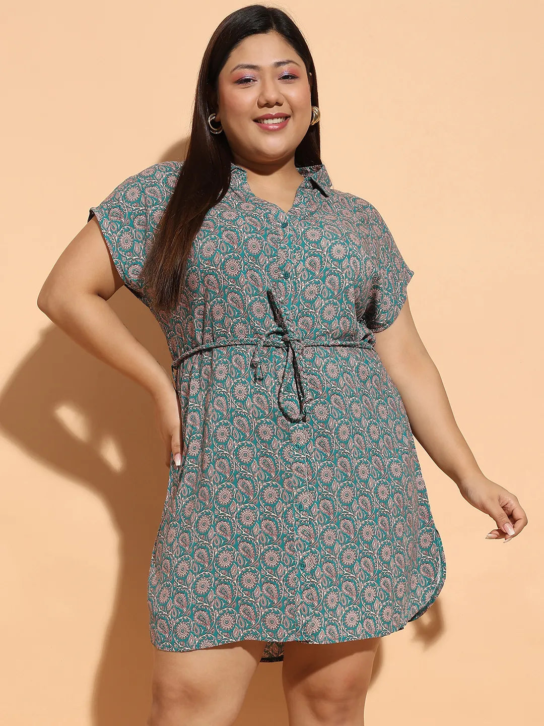 Upcoming Black Floral Print Collared Belted Button Down Plus Size Dress