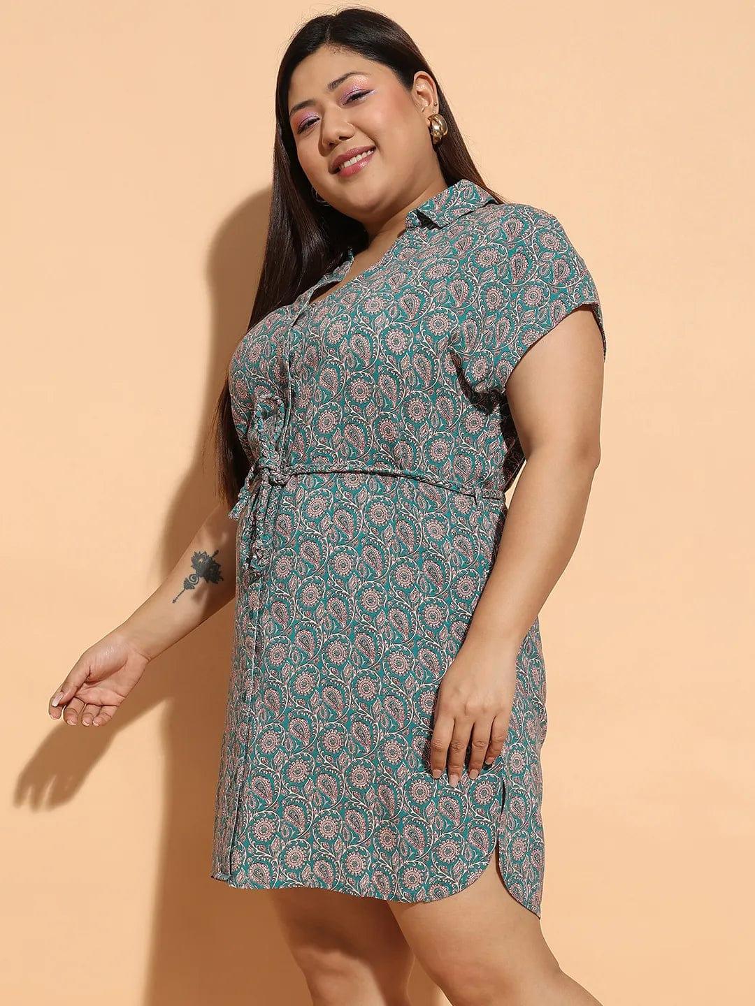 Upcoming Green Floral Print Collared Belted Button Down Plus Size Curvy Dress