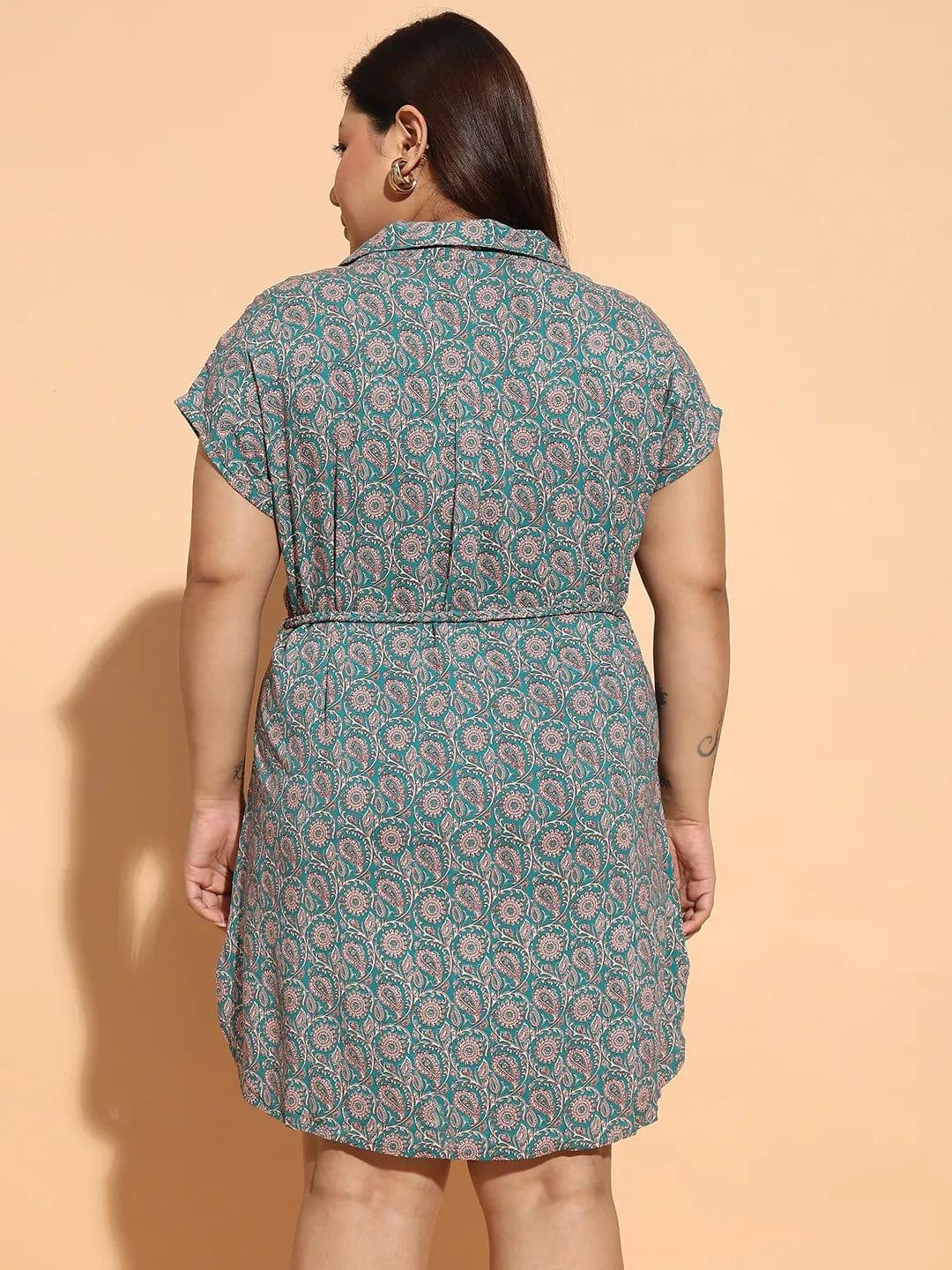 Upcoming Green Floral Print Collared Belted Button Down Plus Size Curvy Dress