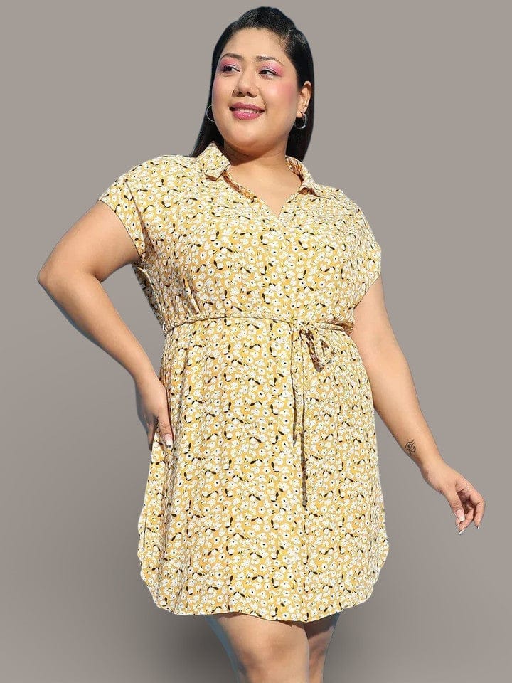 Plus Size Yellow Floral Print Dress