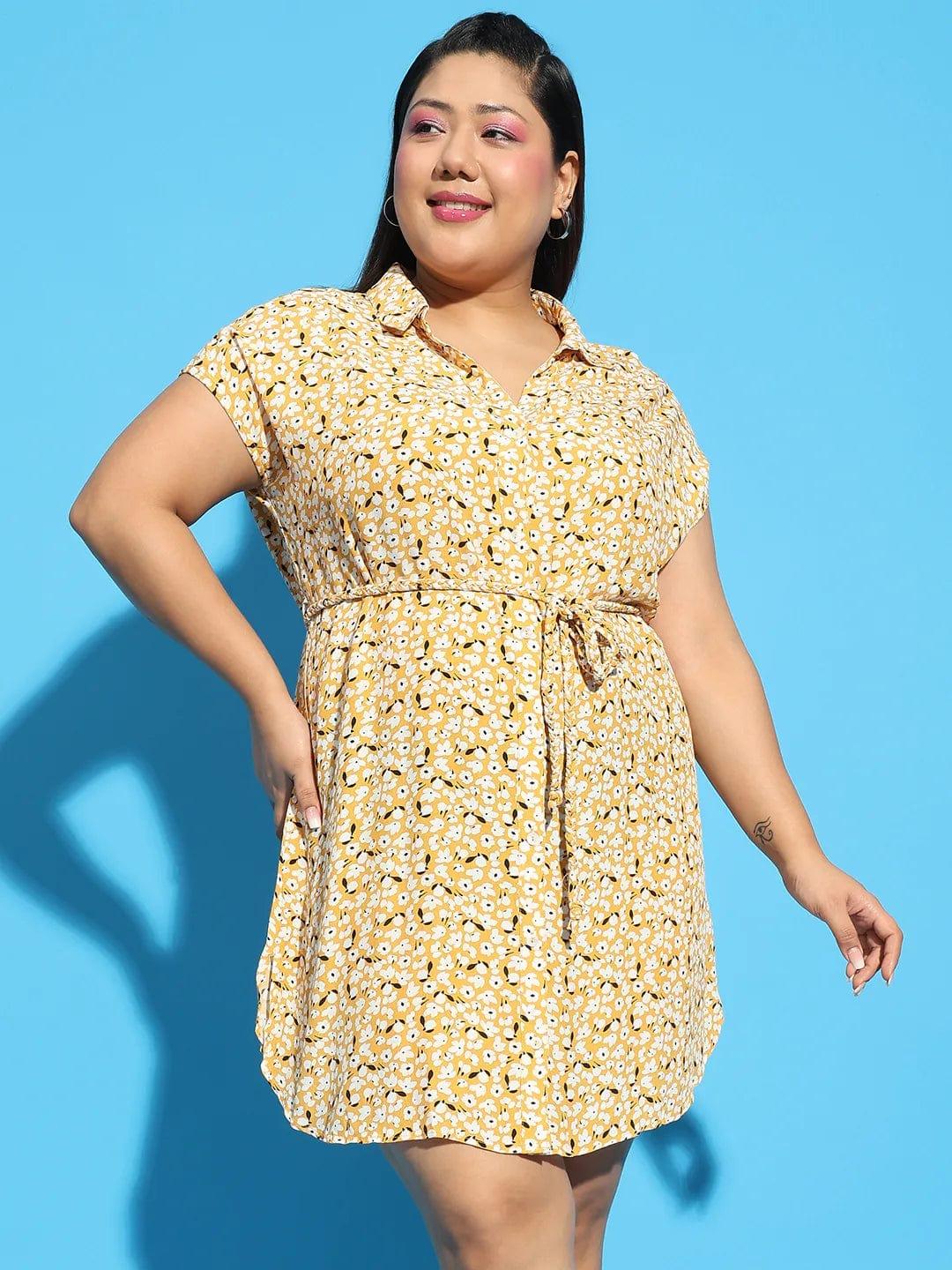 Forever Yellow Floral Print Collared Belted Button Down Plus Size Curvy Dress