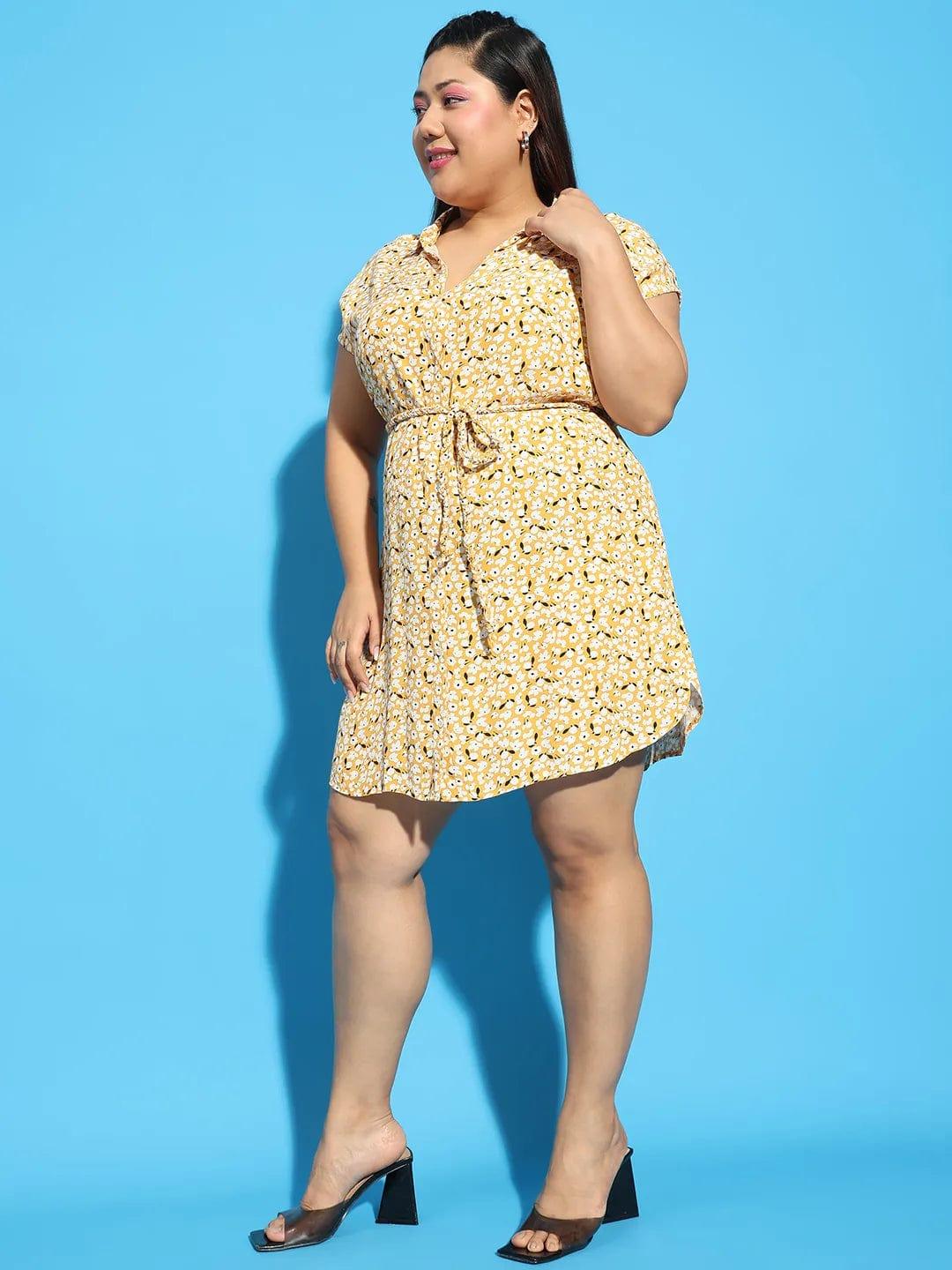 Forever Yellow Floral Print Collared Belted Button Down Plus Size Curvy Dress