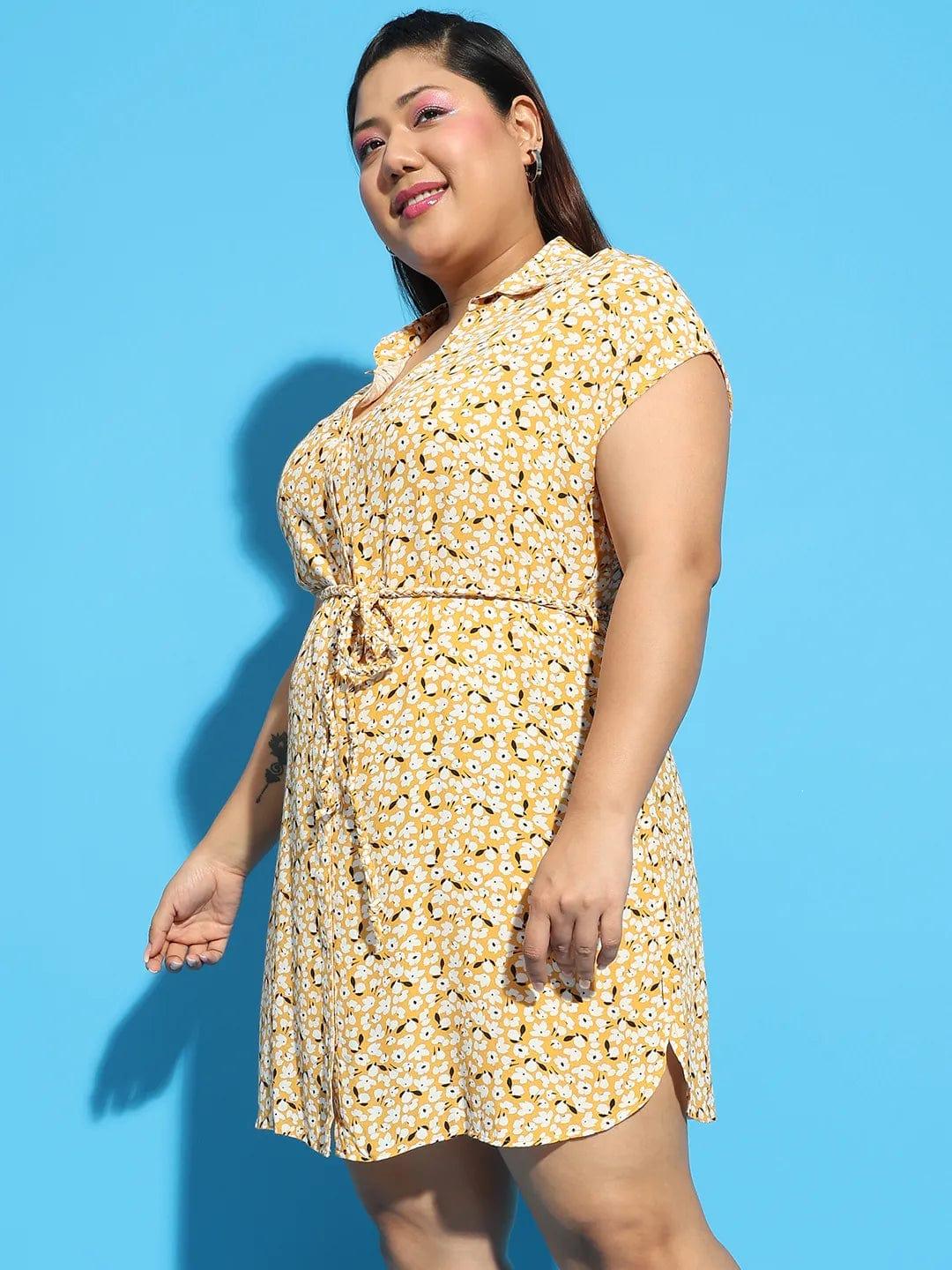 Forever Yellow Floral Print Collared Belted Button Down Plus Size Curvy Dress