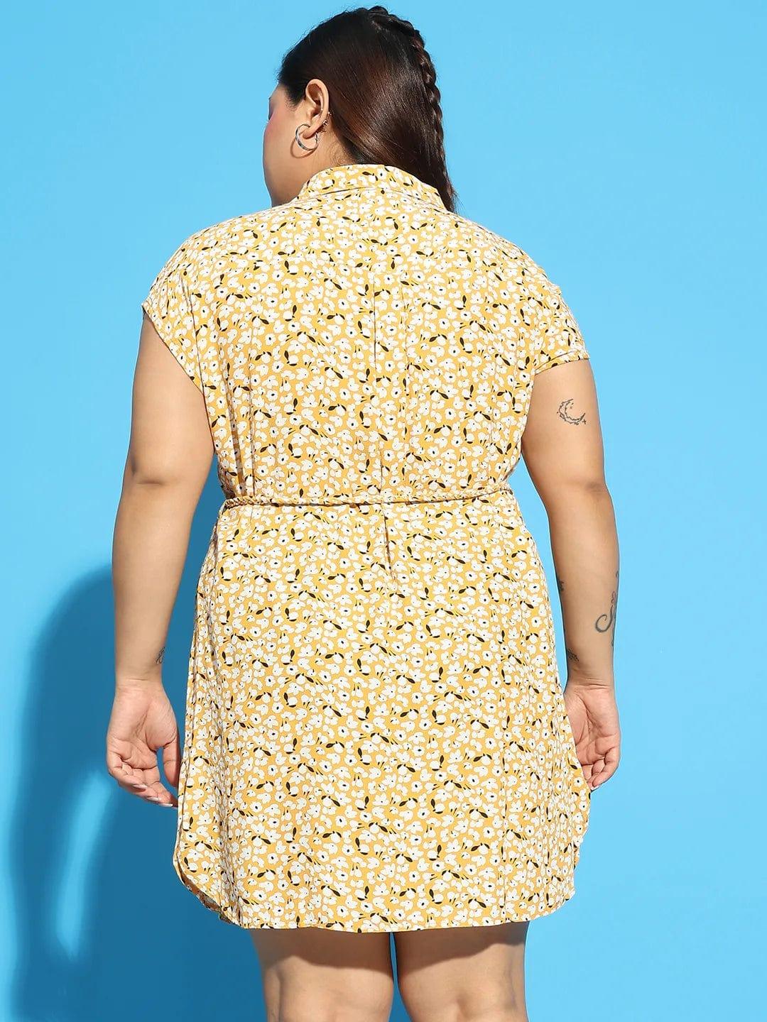 Forever Yellow Floral Print Collared Belted Button Down Plus Size Curvy Dress