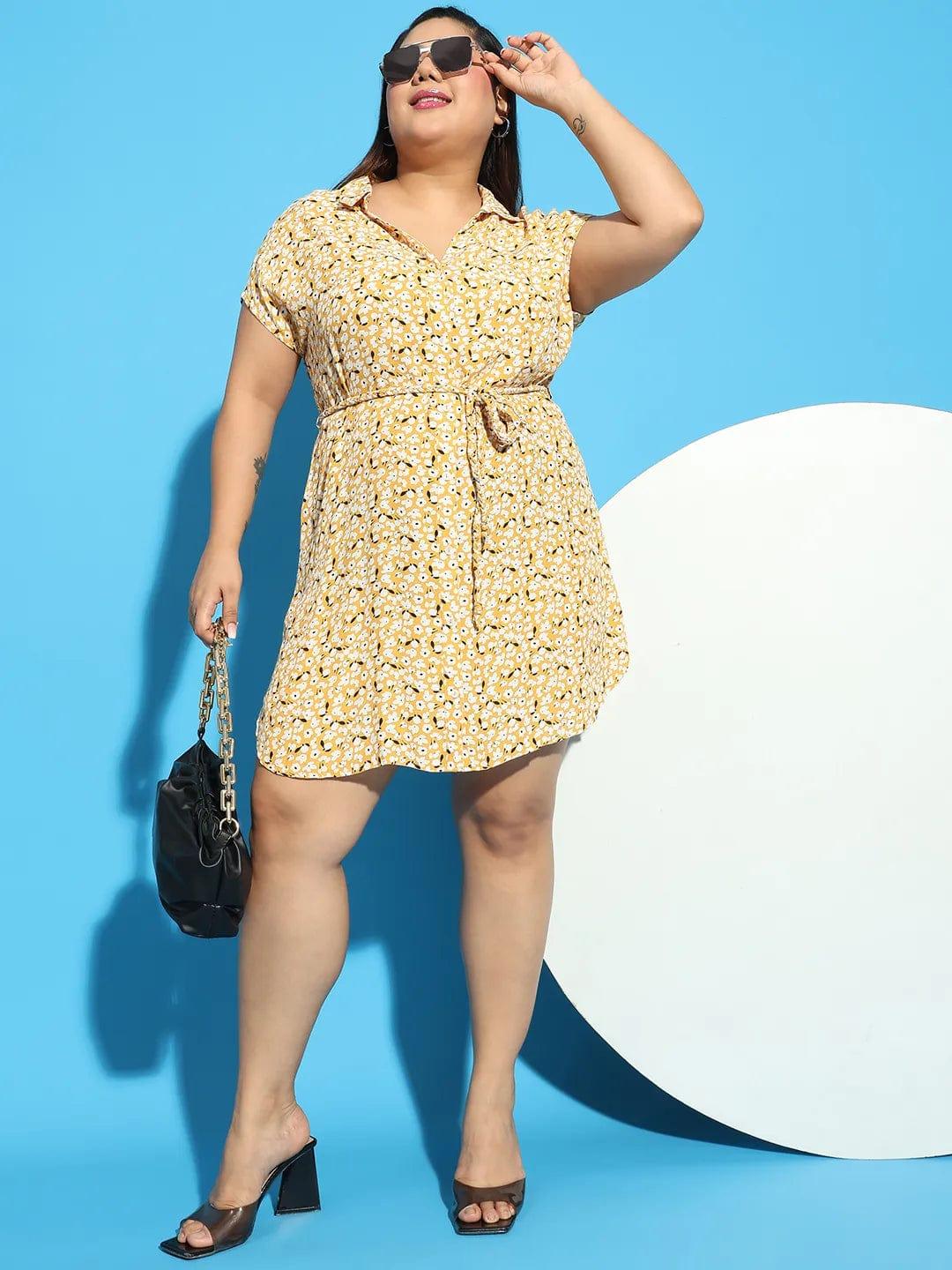 Forever Yellow Floral Print Collared Belted Button Down Plus Size Curvy Dress