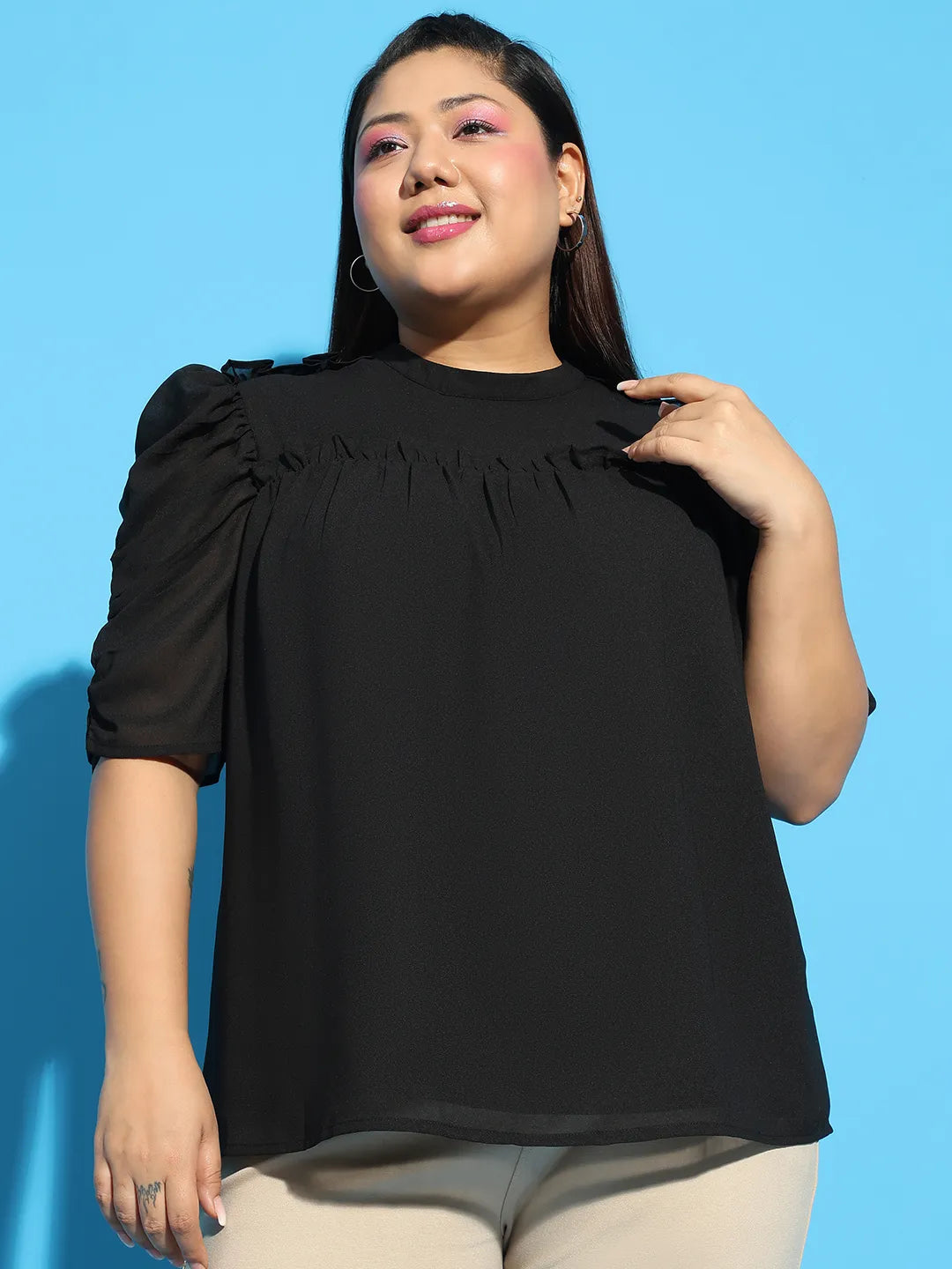 Wagger Black Short Sleeve With Gather Pleates Ruffle Detail  Plus Size Women Top