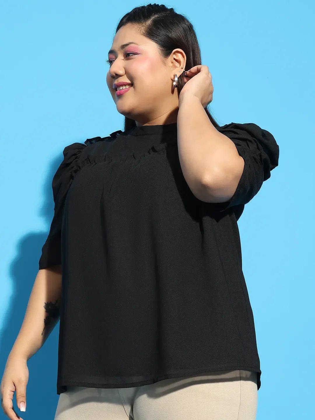 Wagger Black Short Sleeve With Gather Pleates Ruffle Detail  Plus Size Women Loopy Top