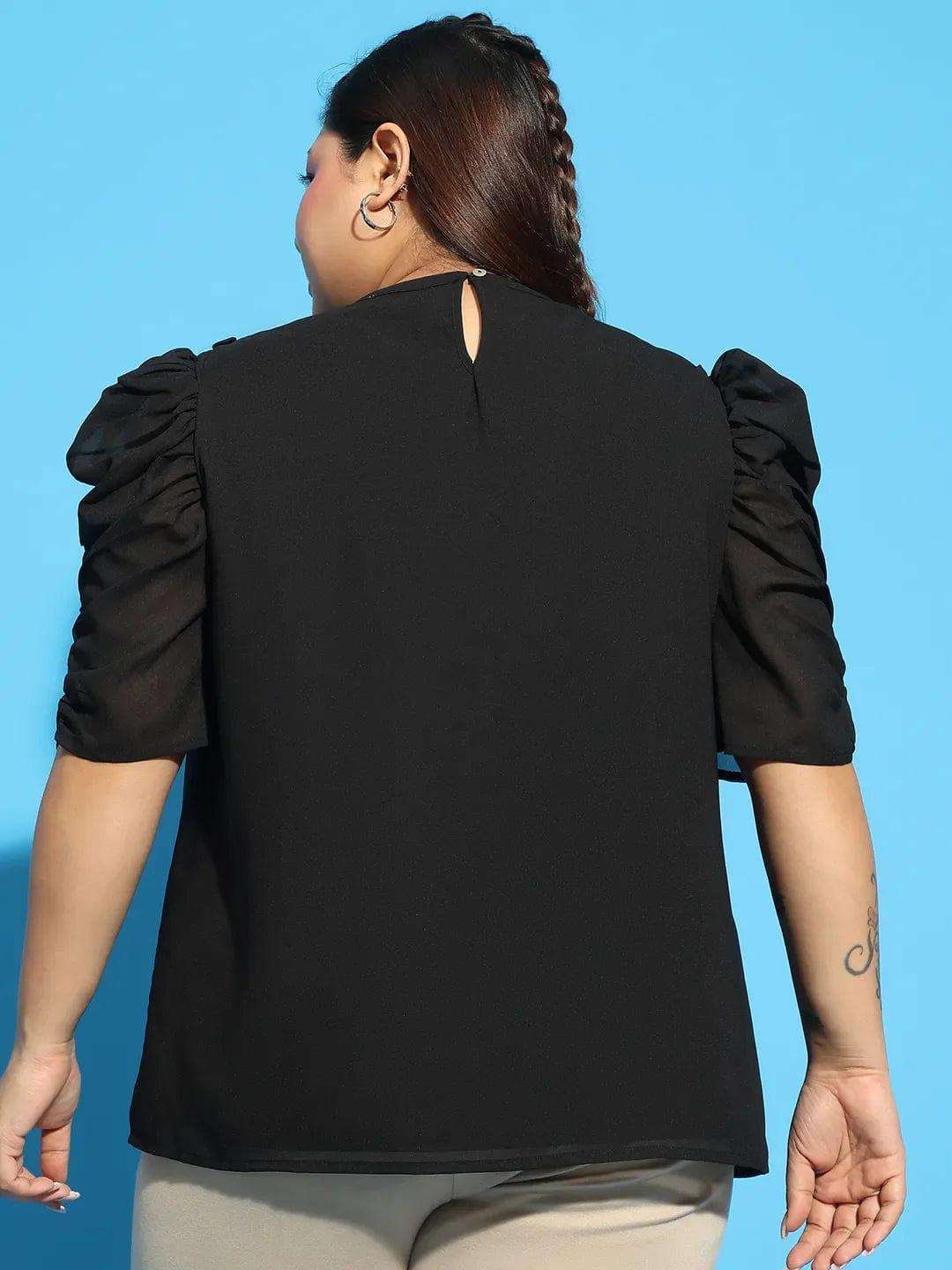 Wagger Black Short Sleeve With Gather Pleates Ruffle Detail  Plus Size Women Loopy Top