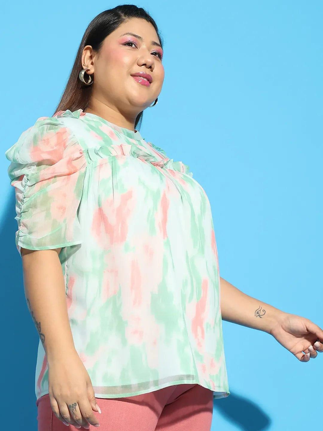 Multicolor Printed Short Sleeve With Gather Pleates Ruffle Detail  Plus Size Women Loopy Top