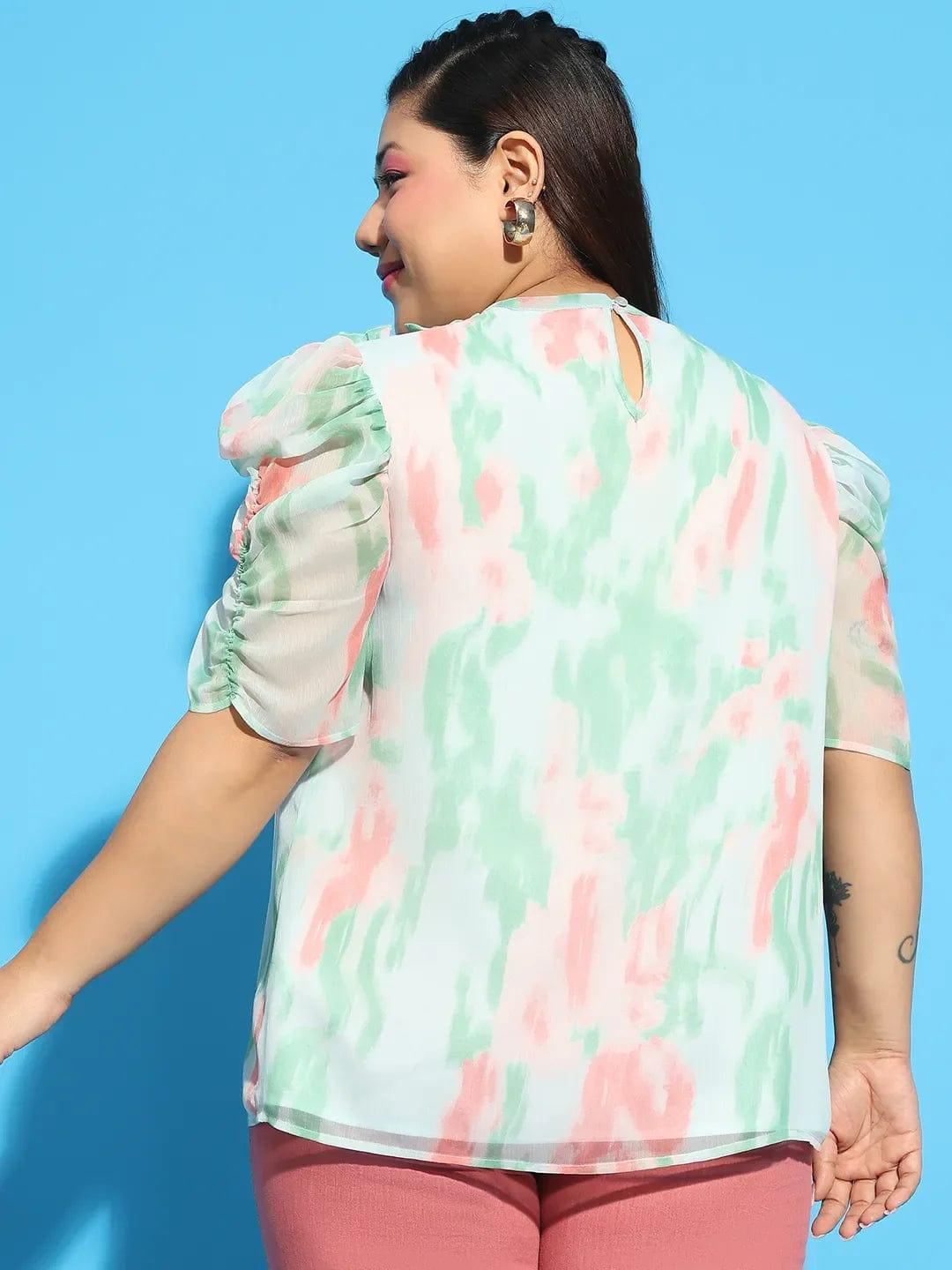 Multicolor Printed Short Sleeve With Gather Pleates Ruffle Detail  Plus Size Women Loopy Top