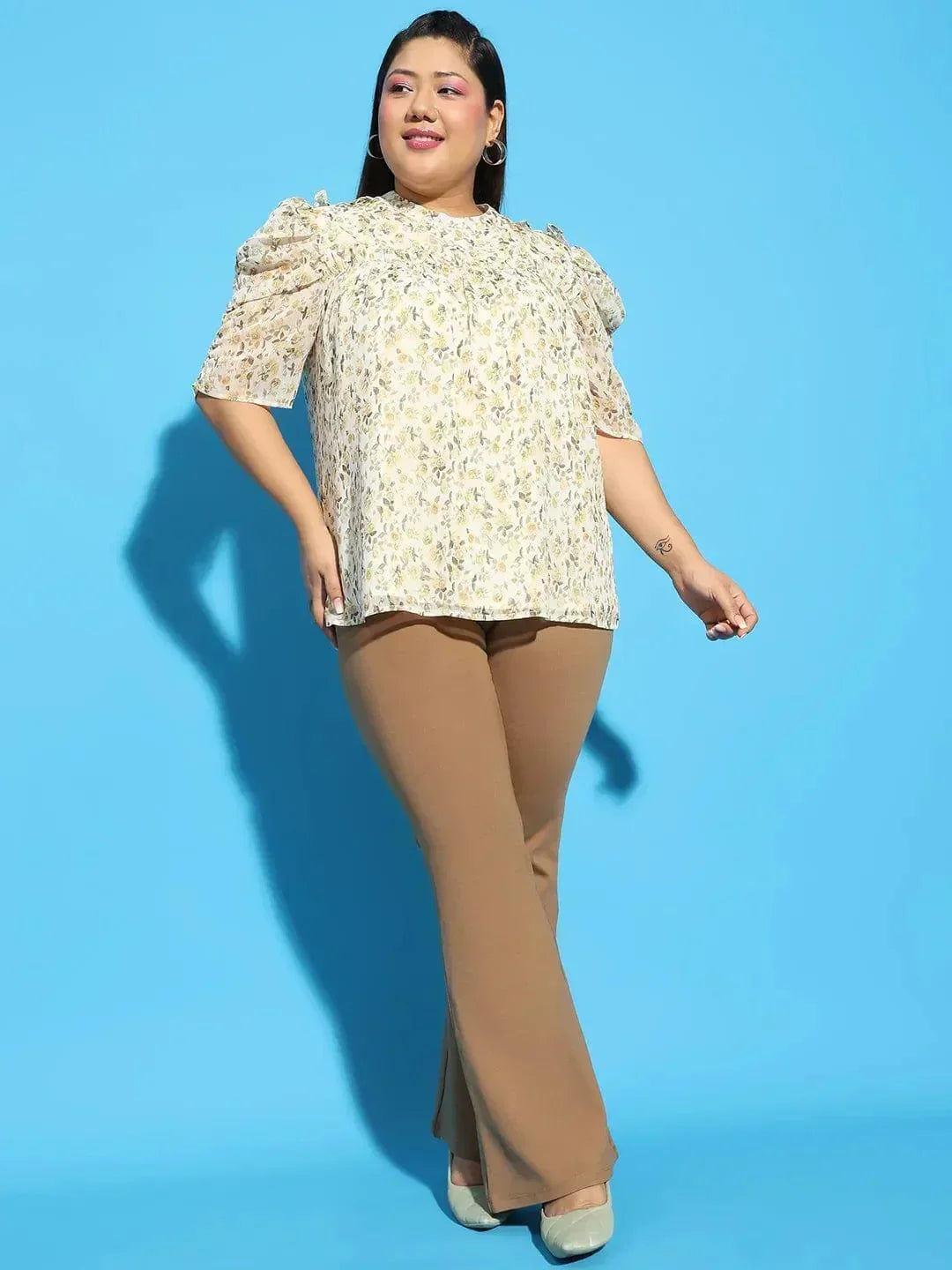 Multicolor Floral Printed Short Sleeve With Gather Pleates Ruffle Detail Plus Size Women Loopy Top - oxolloxo