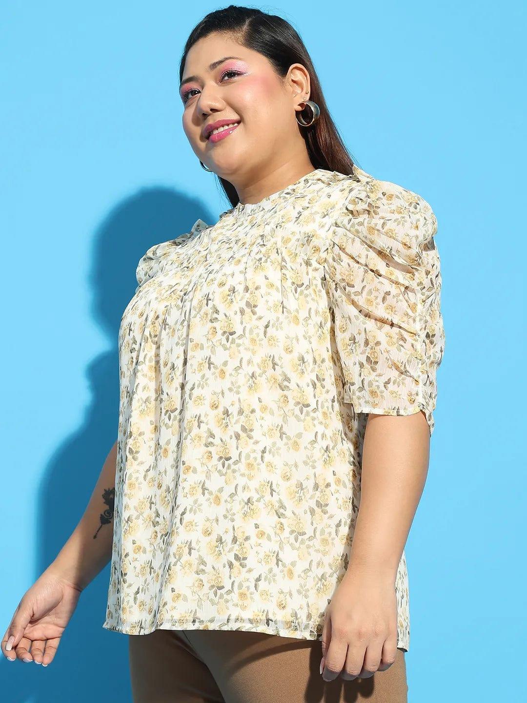 Multicolor Floral Printed Short Sleeve With Gather Pleates Ruffle Detail Plus Size Women Loopy Top - oxolloxo