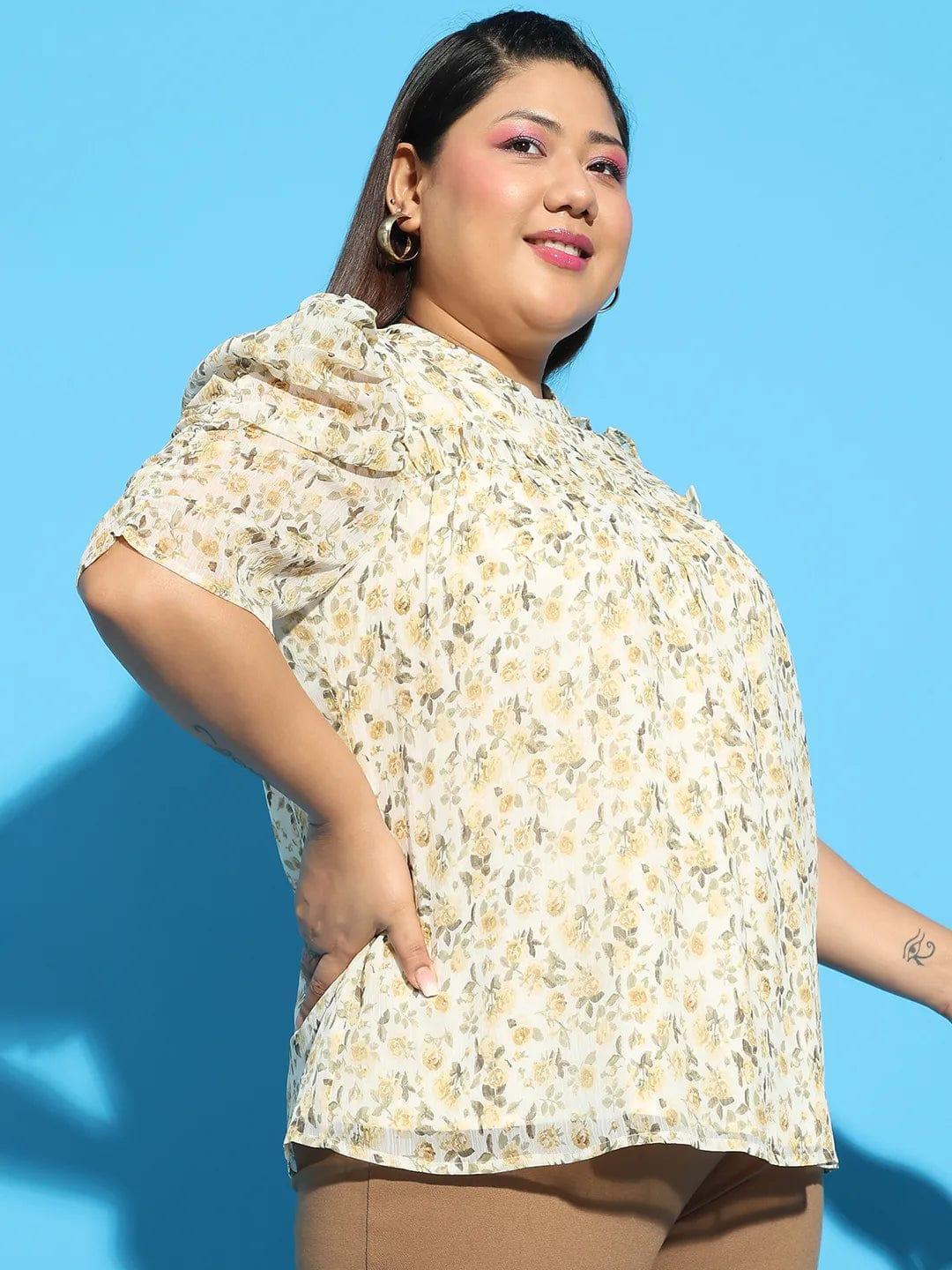 Multicolor Floral Printed Short Sleeve With Gather Pleates Ruffle Detail Plus Size Women Loopy Top - oxolloxo