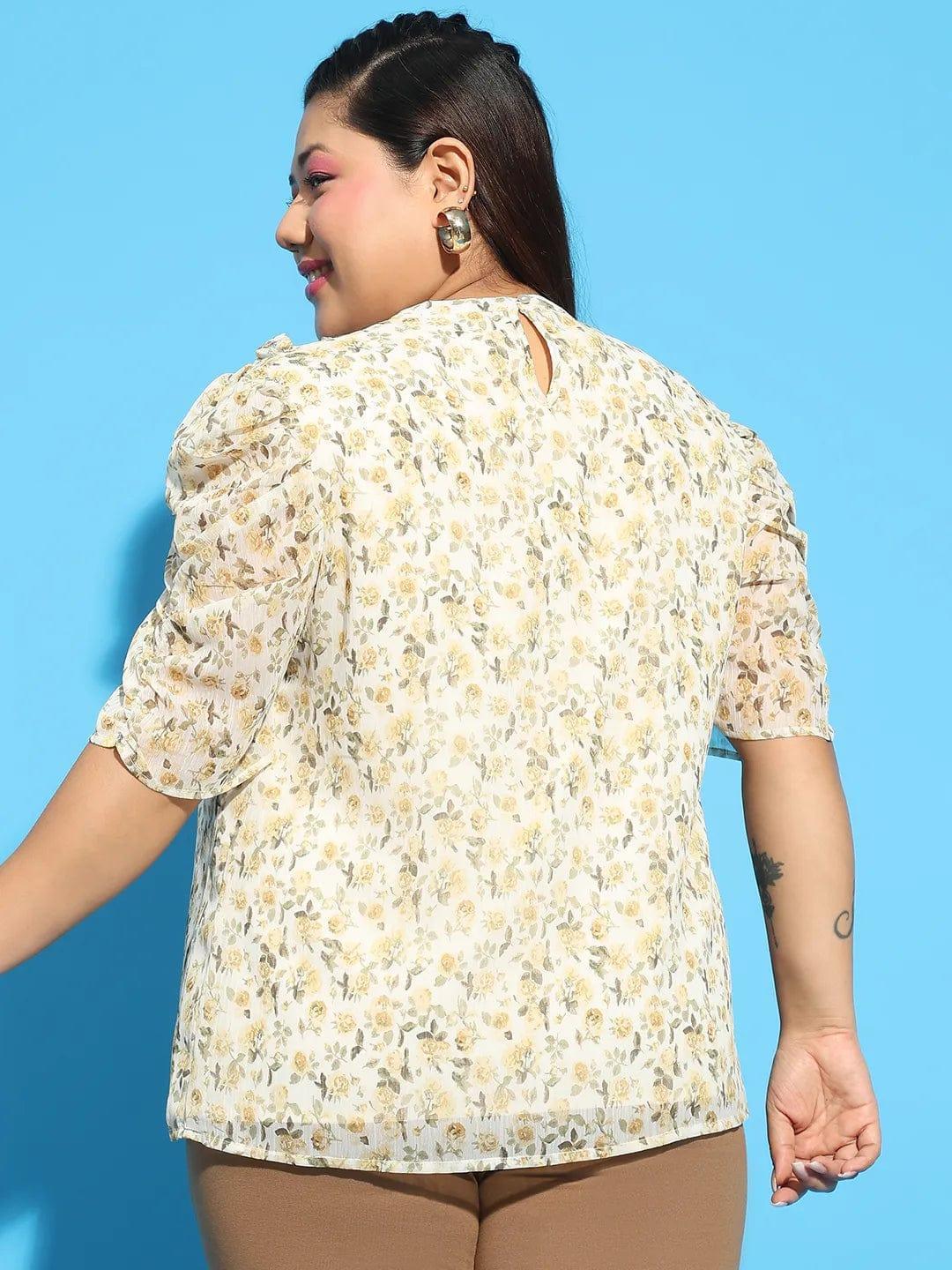 Multicolor Floral Printed Short Sleeve With Gather Pleates Ruffle Detail Plus Size Women Loopy Top - oxolloxo