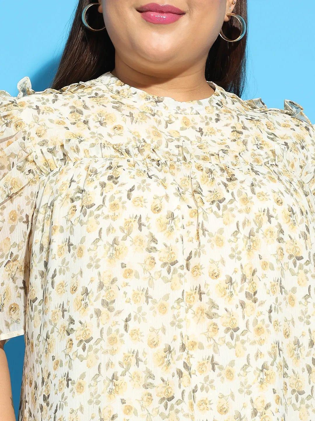 Multicolor Floral Printed Short Sleeve With Gather Pleates Ruffle Detail Plus Size Women Loopy Top - oxolloxo