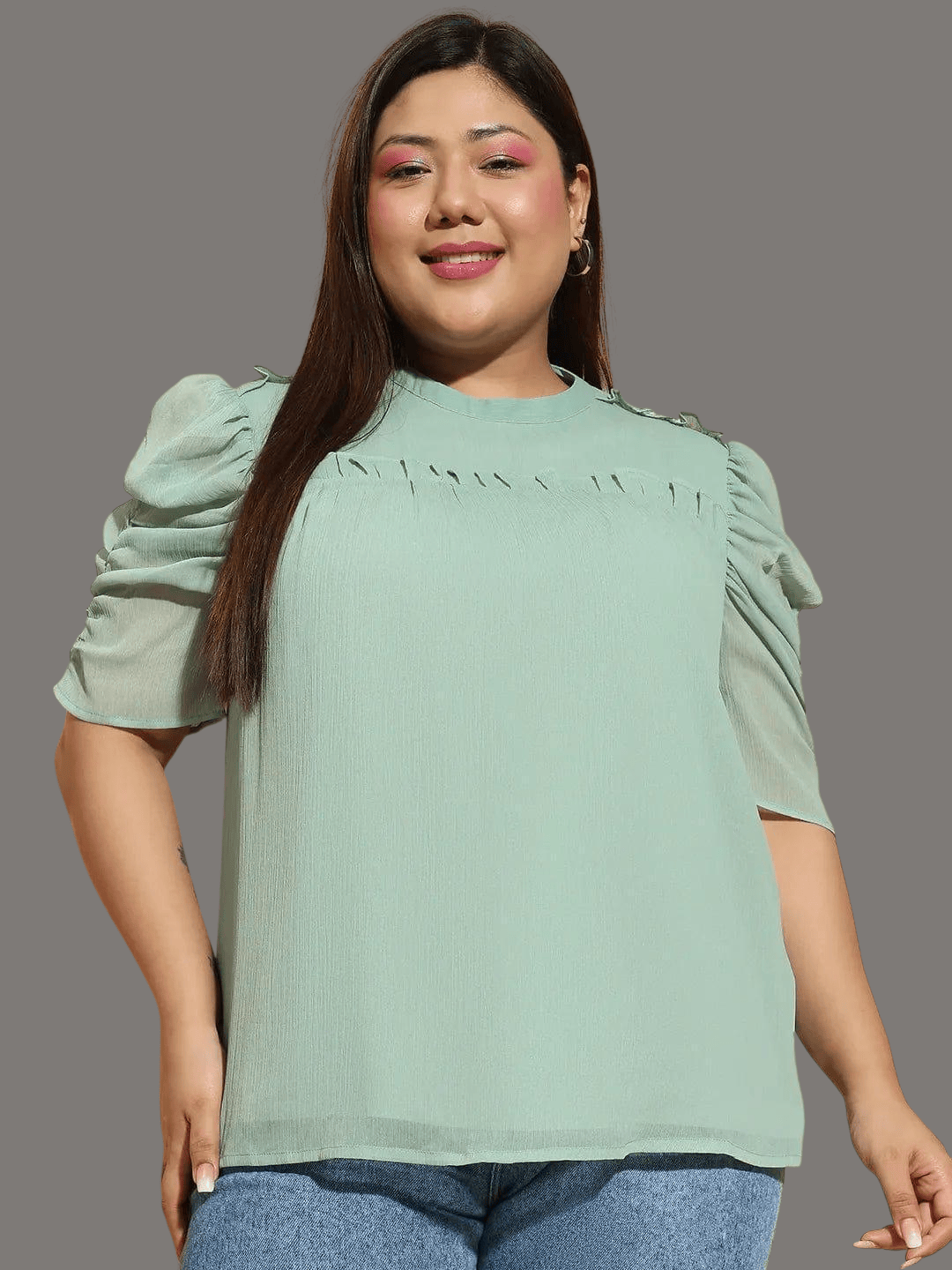 Plus Size Green Top - Women's Casual Ruffle Sleeve Blouse With Gathered Pleats
