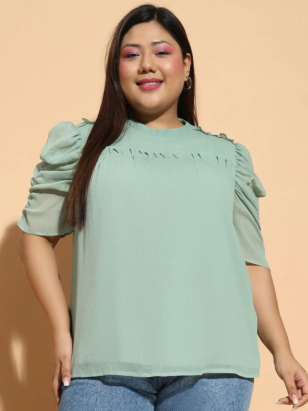 Aureate Green  Short Sleeve With Gather Pleates Ruffle Detail  Plus Size Women Loopy Top