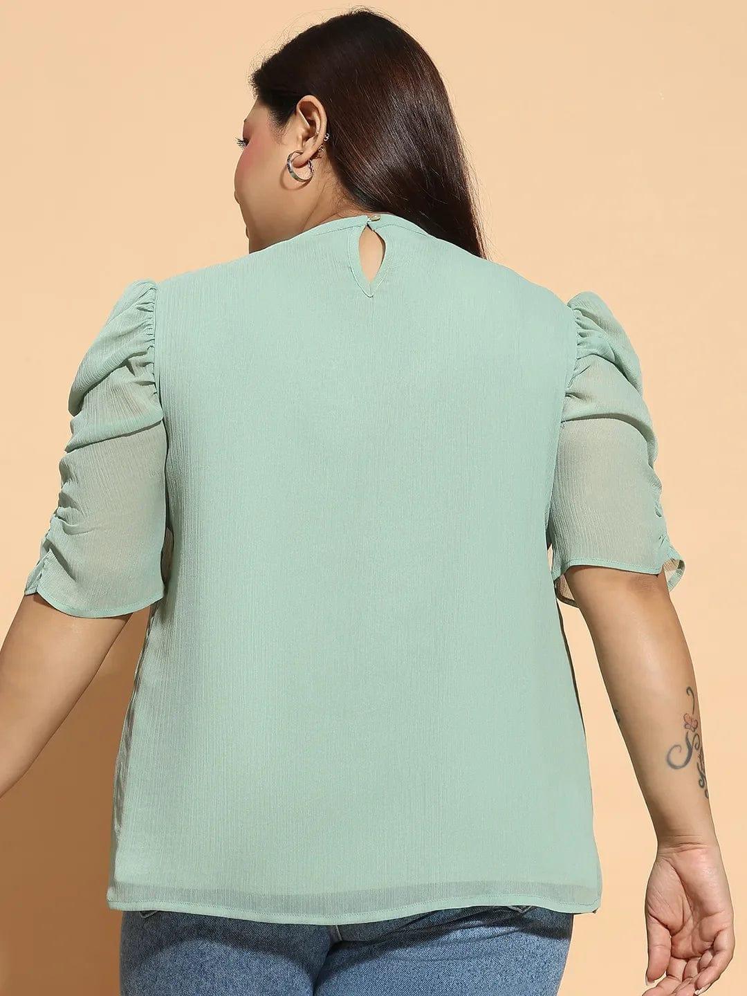 Aureate Green  Short Sleeve With Gather Pleates Ruffle Detail  Plus Size Women Loopy Top