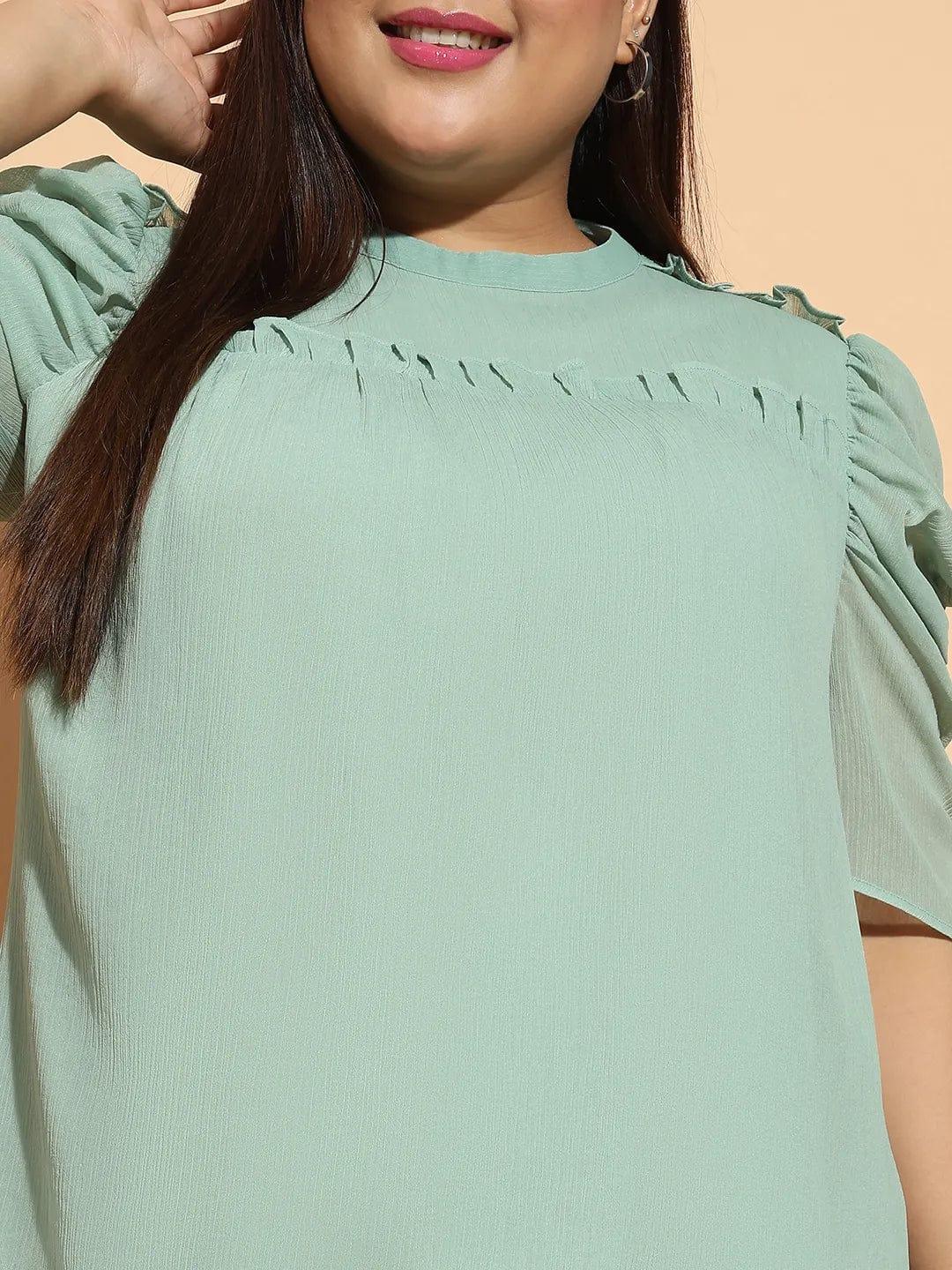 Aureate Green  Short Sleeve With Gather Pleates Ruffle Detail  Plus Size Women Loopy Top